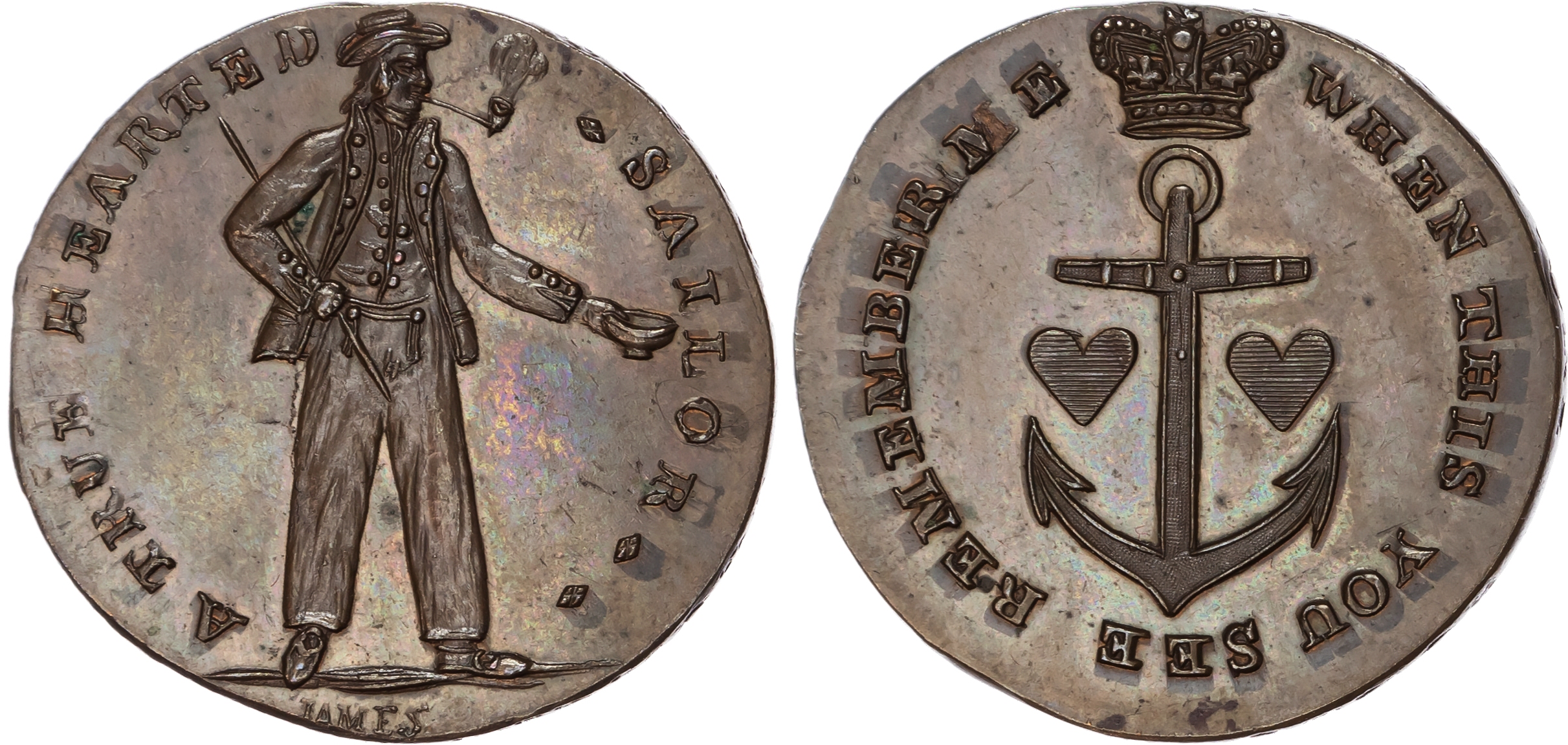 London, Holborn , Thomas Spence Halfpenny, A sailor smoking, handing out a begging-bowl rev. A crowned anchor …