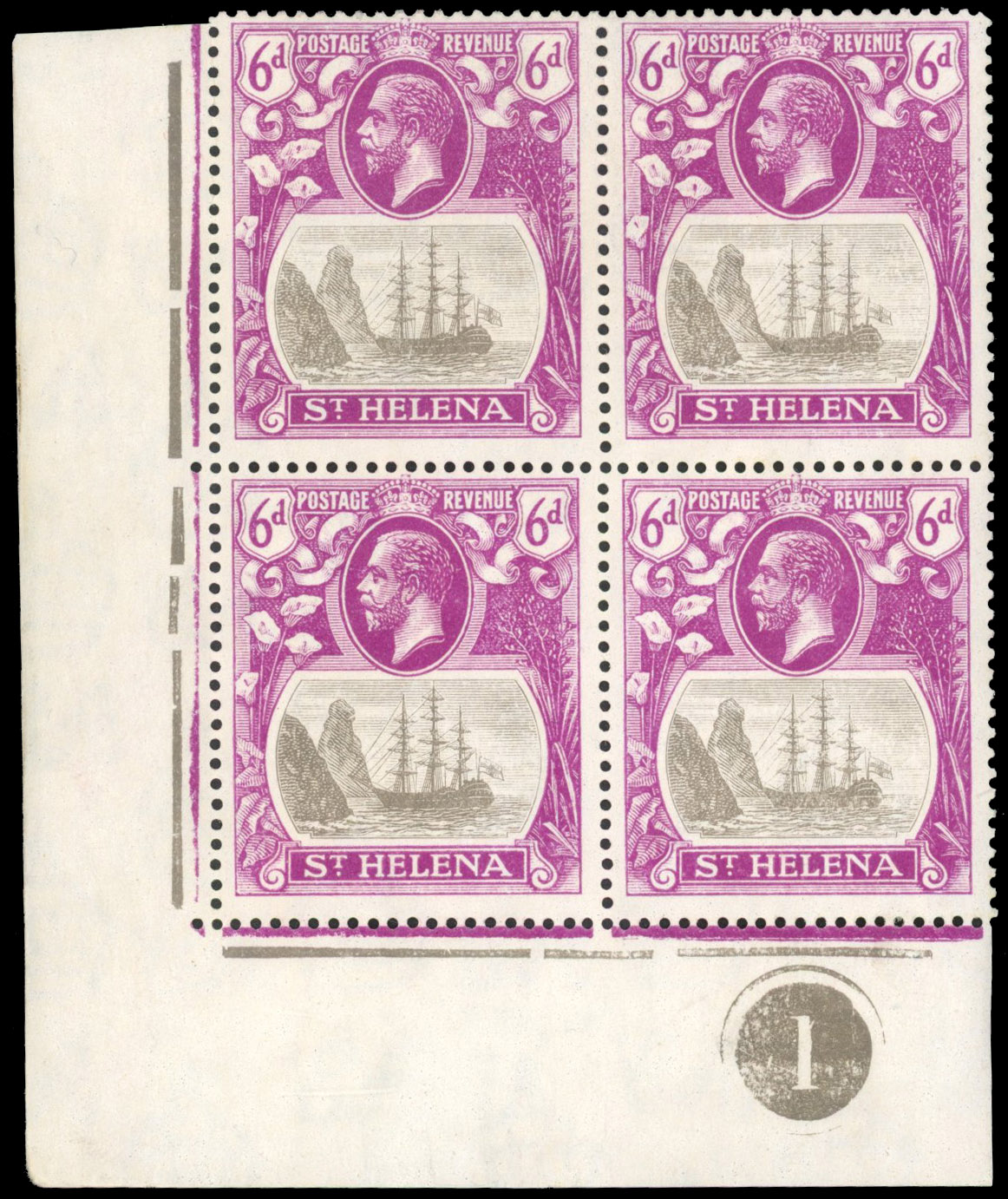 St Helena 1922-37 6d grey and bright purple, mint block of four variety ‘Cleft rock’ (R5/1). SG 104/c