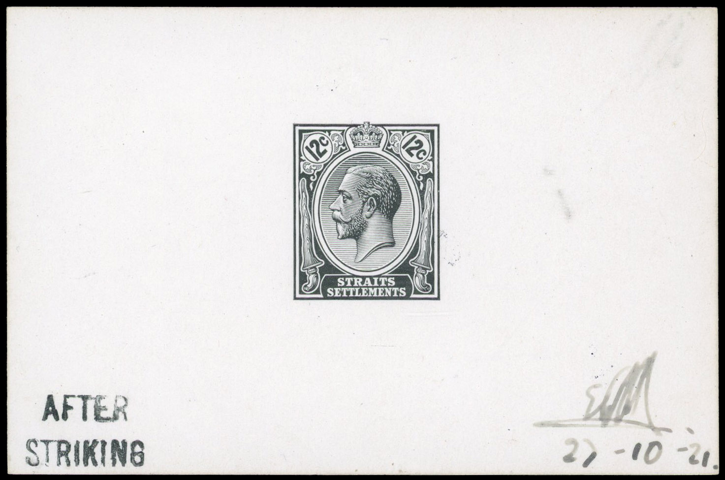 Straits Settlements 1921 12c die proof in black AFTER STRIKING