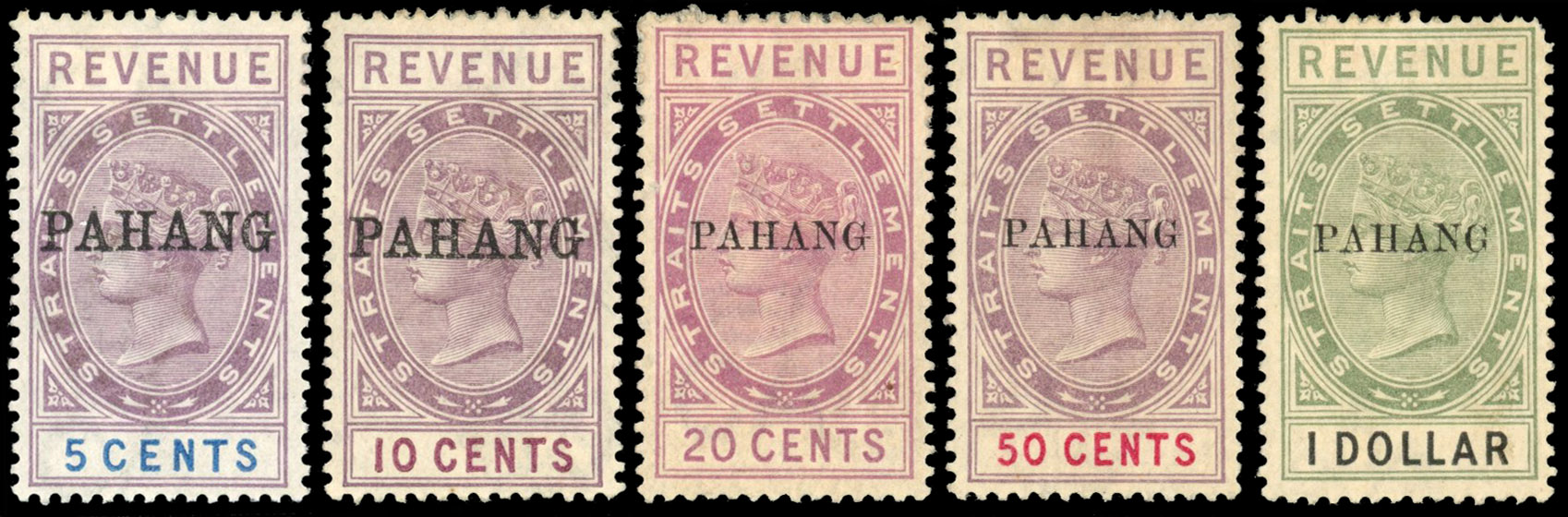 Pahang Revenues 1890s set of five overprints on Straits mint
