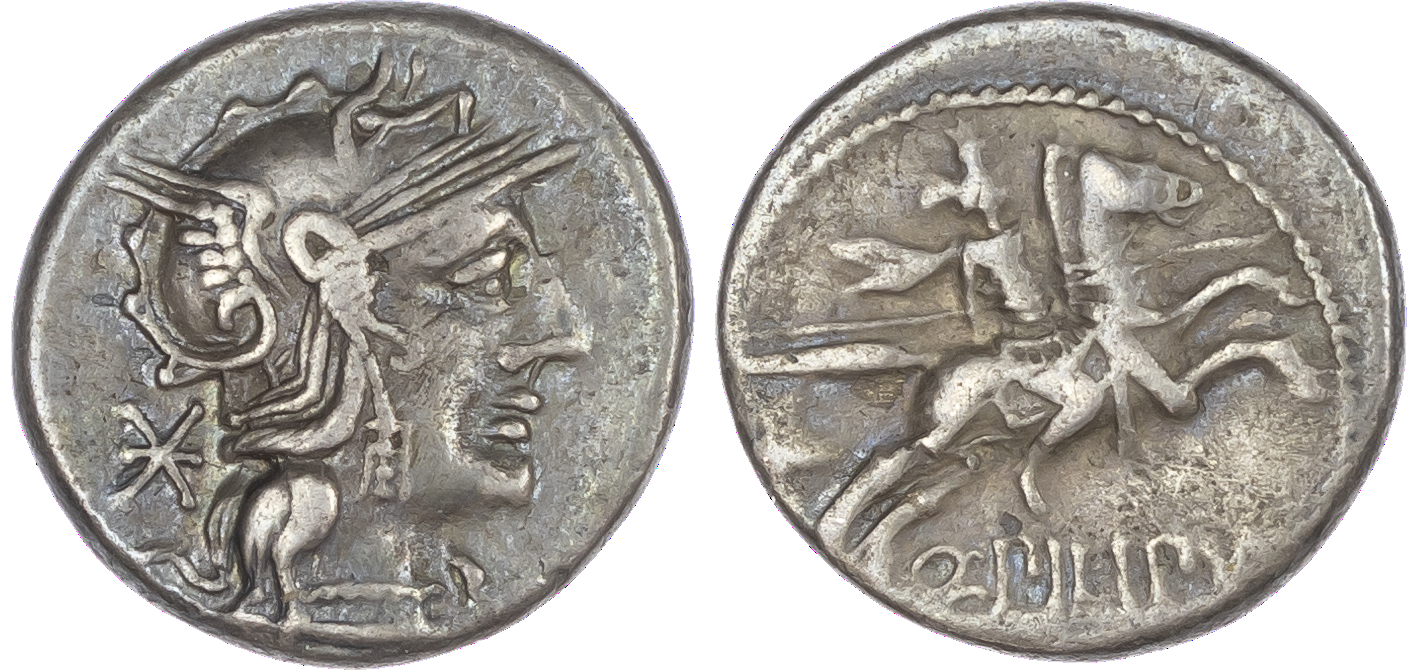 Q. Philippus (129 BC) AR Denarius, Rome, 3.73g. Helmeted head of Roma facing right, mark of value behind. Rev. Horseman,