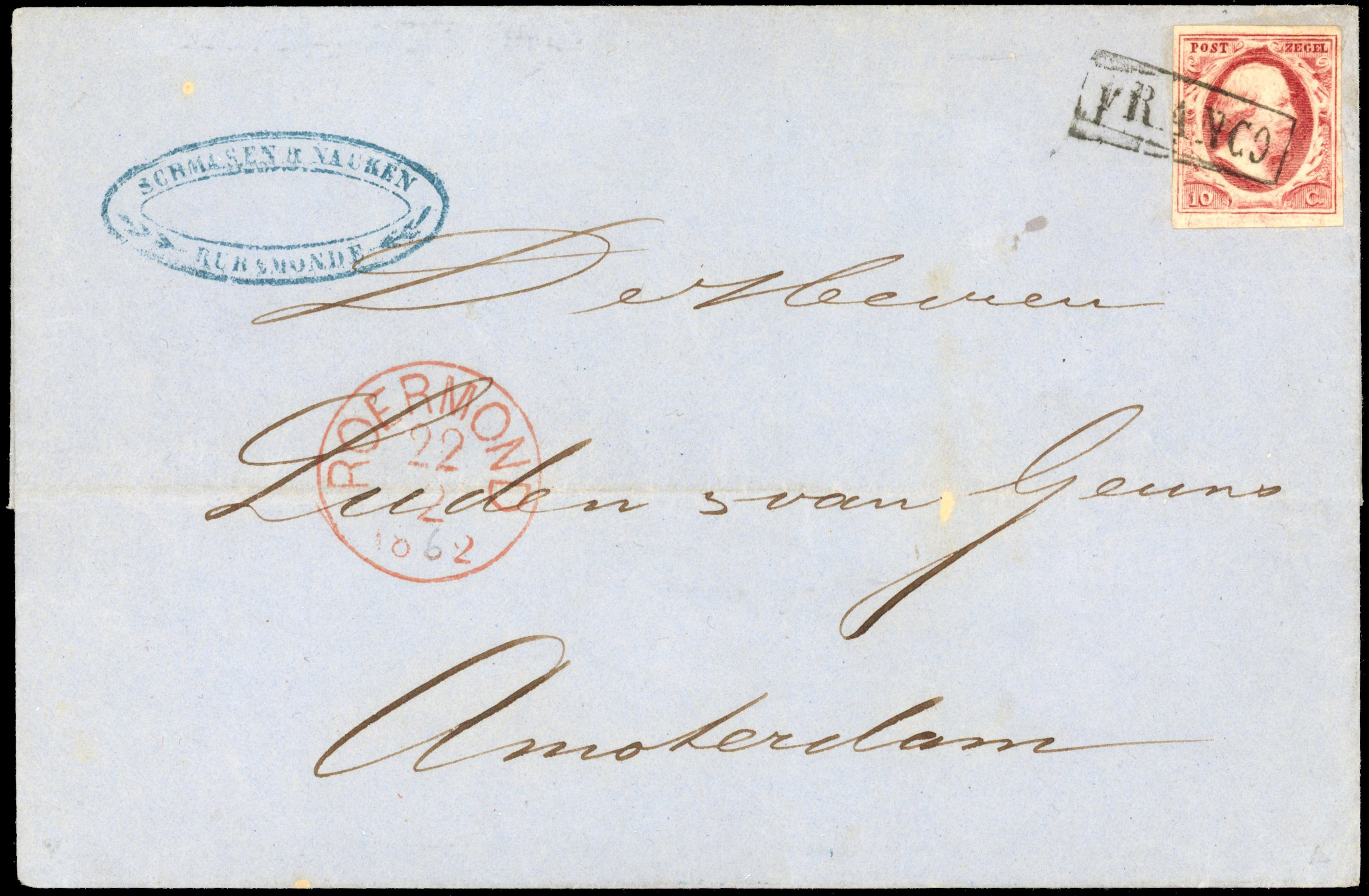 Netherlands 1862 entire letter franked by 10c carmine Plate VII to Amtersdam SG 2h