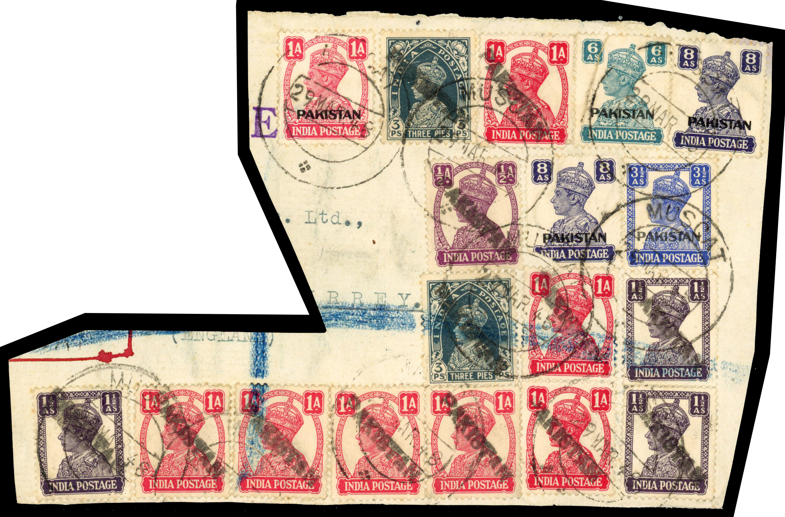 Muscat 1948 piece with Pakistan stamps