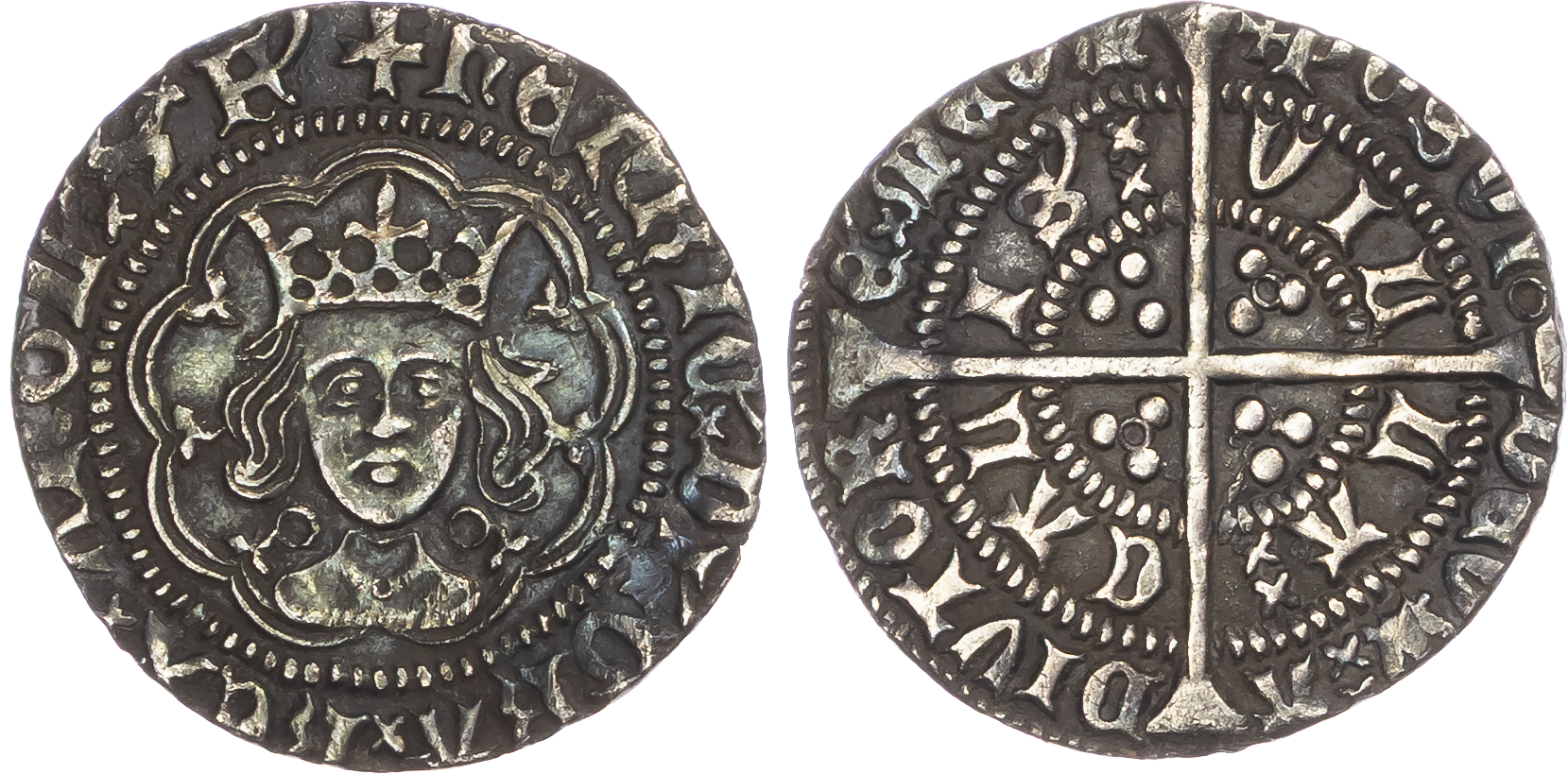 Henry VI ( First reign, 1422-1461). AR Halfgroat 2.42gm., 1422-30, Annulet issue. Calais mint; mm: plain cross.