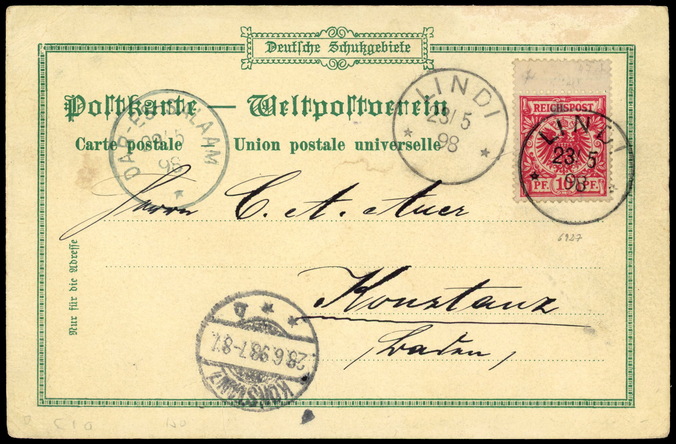 1898 stationery postcard to Germany franked 10pf tied ‘LINDI/23 5/98’ cds Dar es Salaam transit at left and Konstanz arrival.