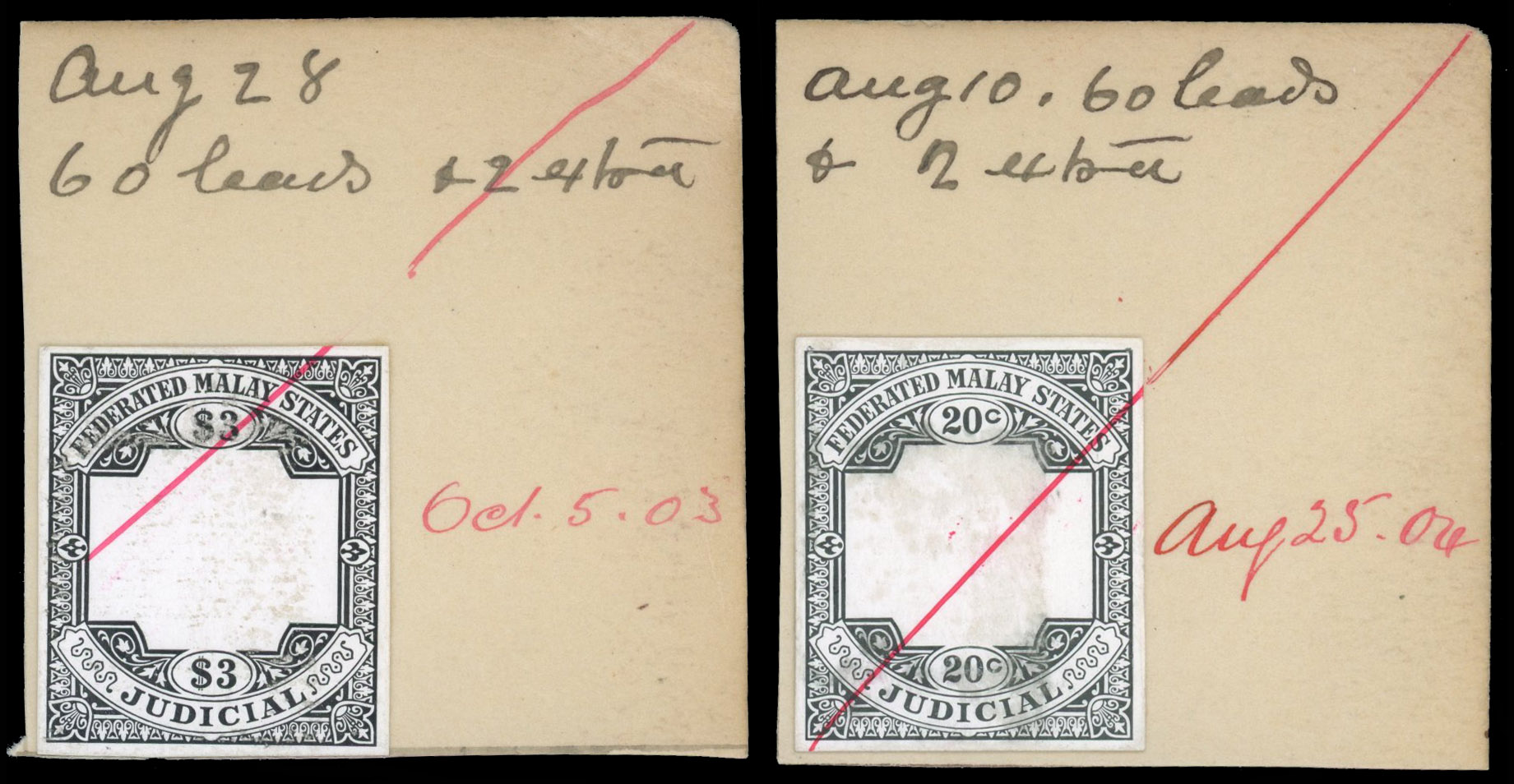 FMS Judicial 1903-4 $3 and 20c Die Proofs