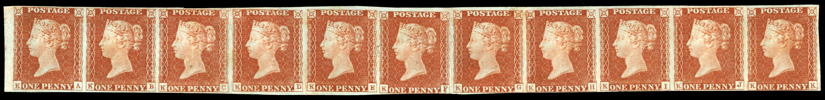 SG 7 1841 1d red-brown from black Plate 11 strip of 11 mint