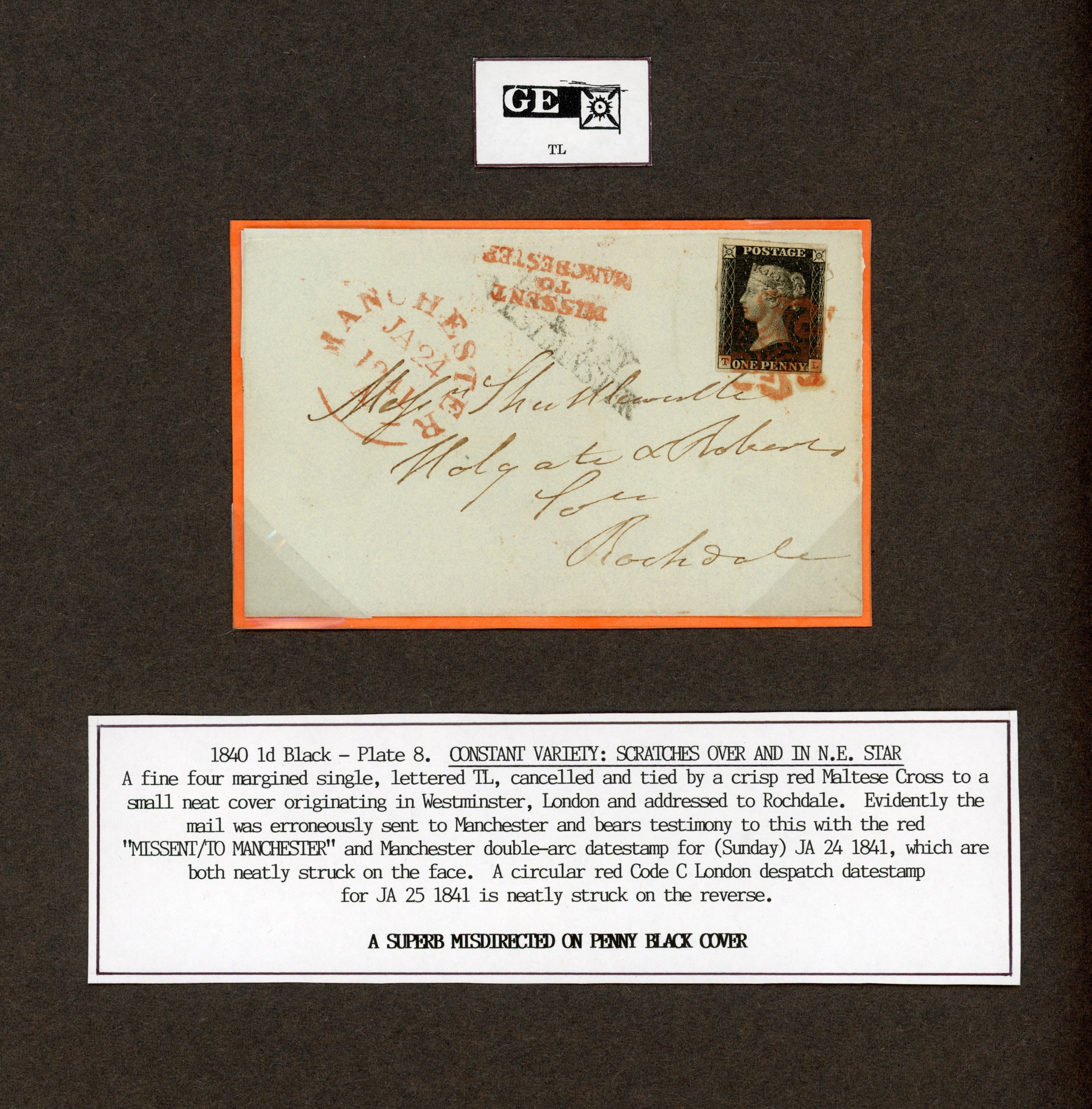GB 1840 1d black, Plate 8 (TL) showing plate scratched in and over North East square, tied to wrapper