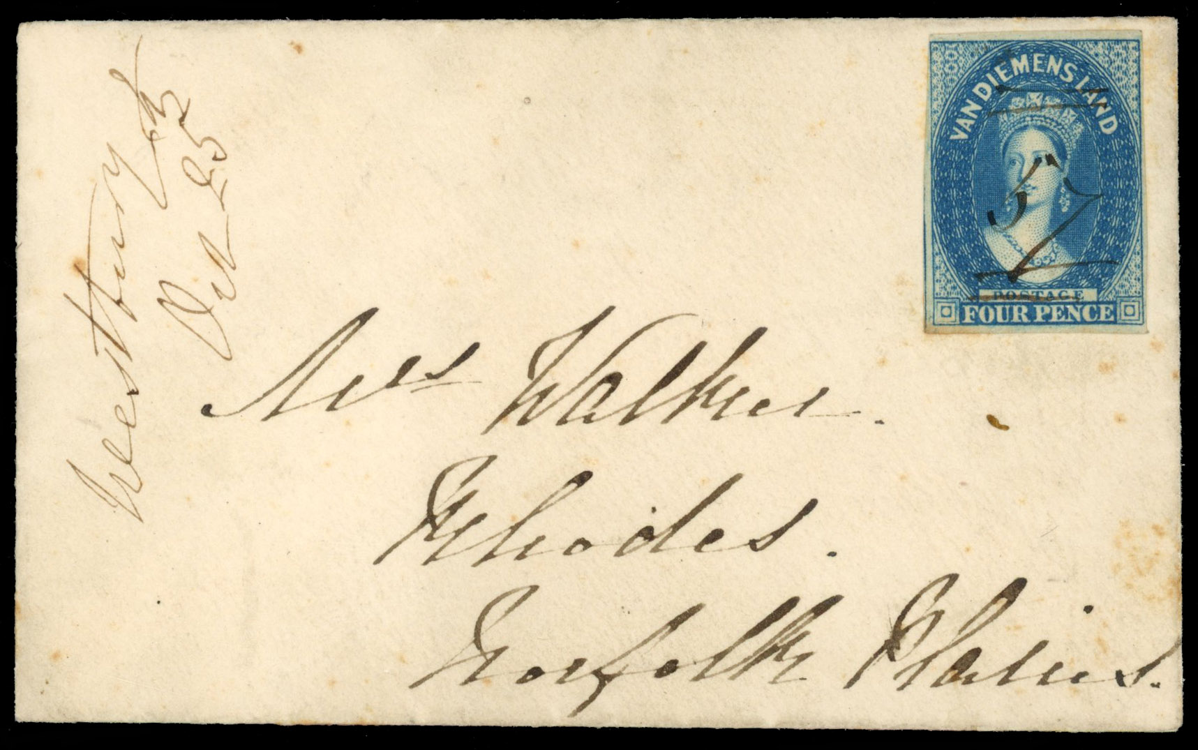 Tasmania SG 18 1855 cover with manuscript cancel