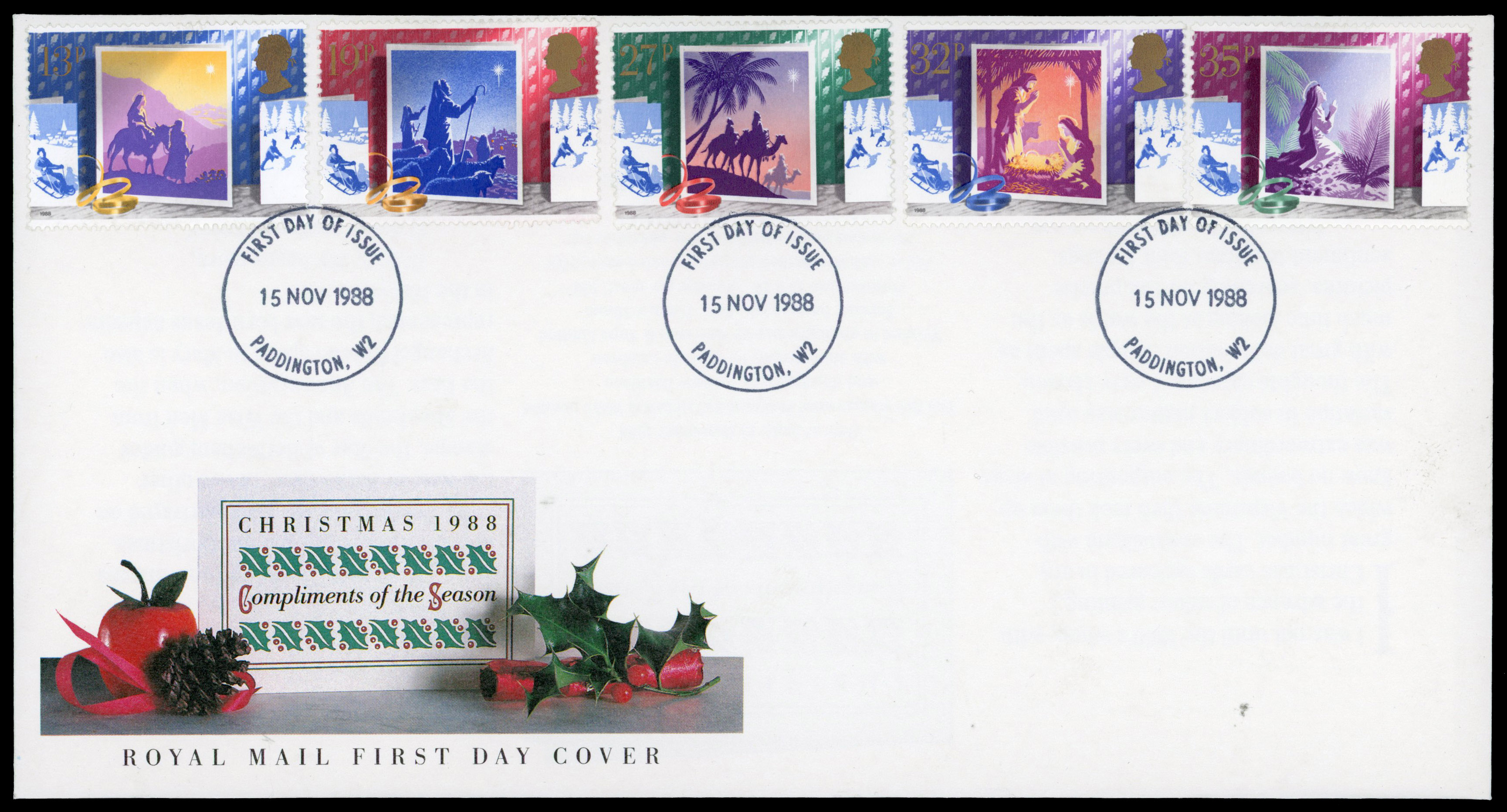 1988 Christmas set of five on first day cover with the "13p" instead of "14p" error of value