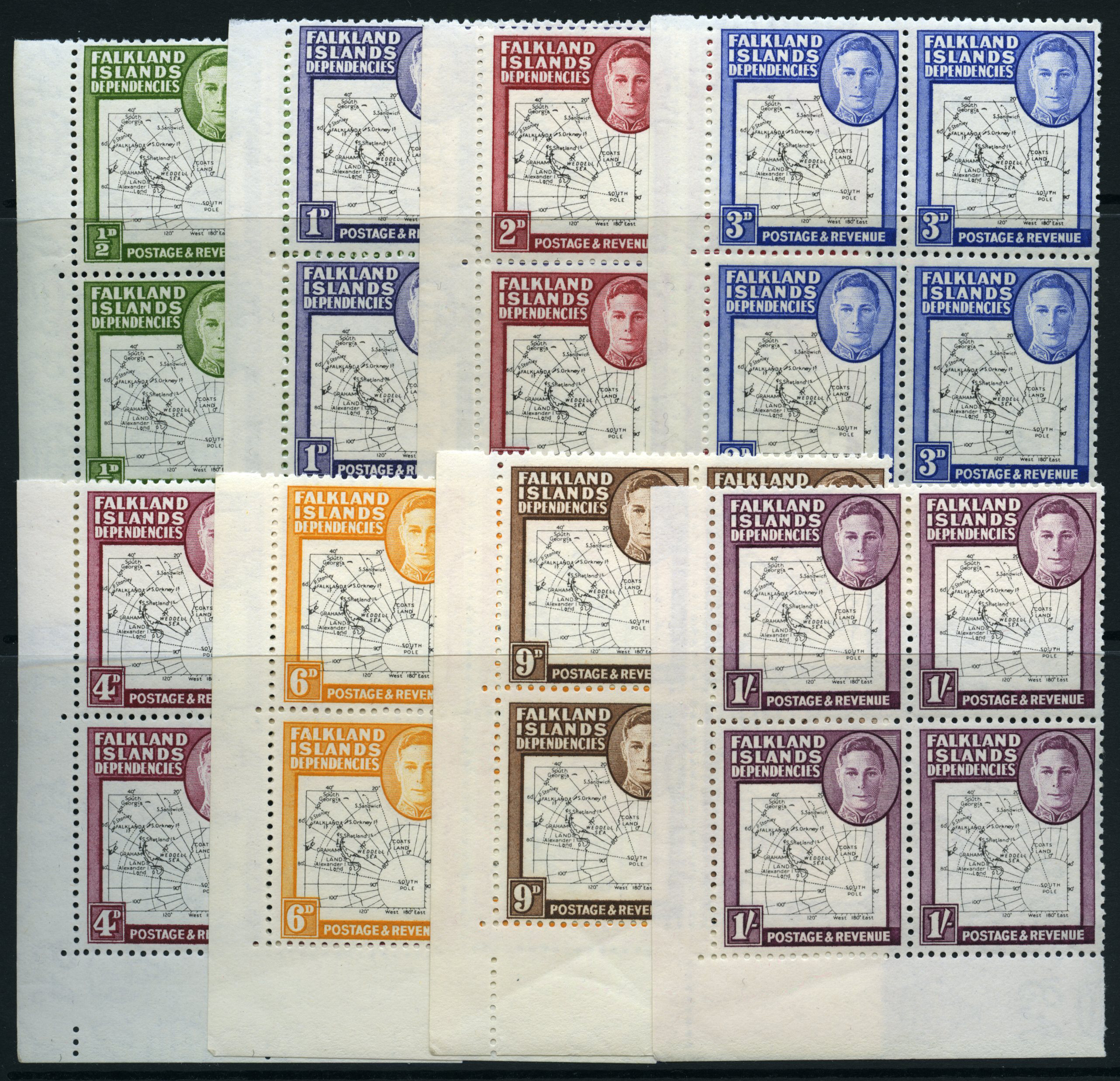 1948 Thin Map set less 2½d value in mint corner blocks of four, R5/2 in each block with dot on 'T', the lower pairs u/m....