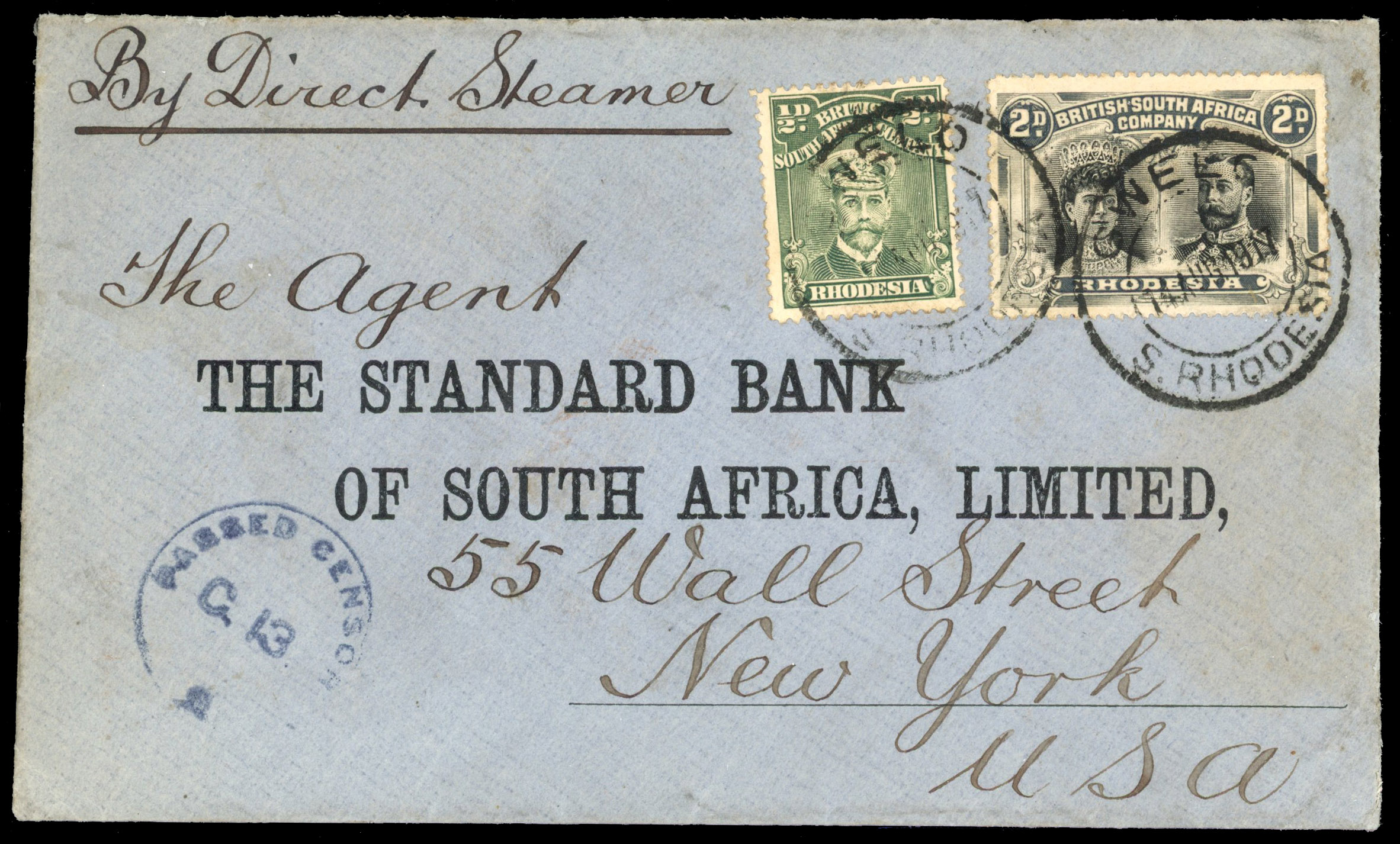 Rhodesia ½d Admiral and 2d Double Head on 1917 cover to New York