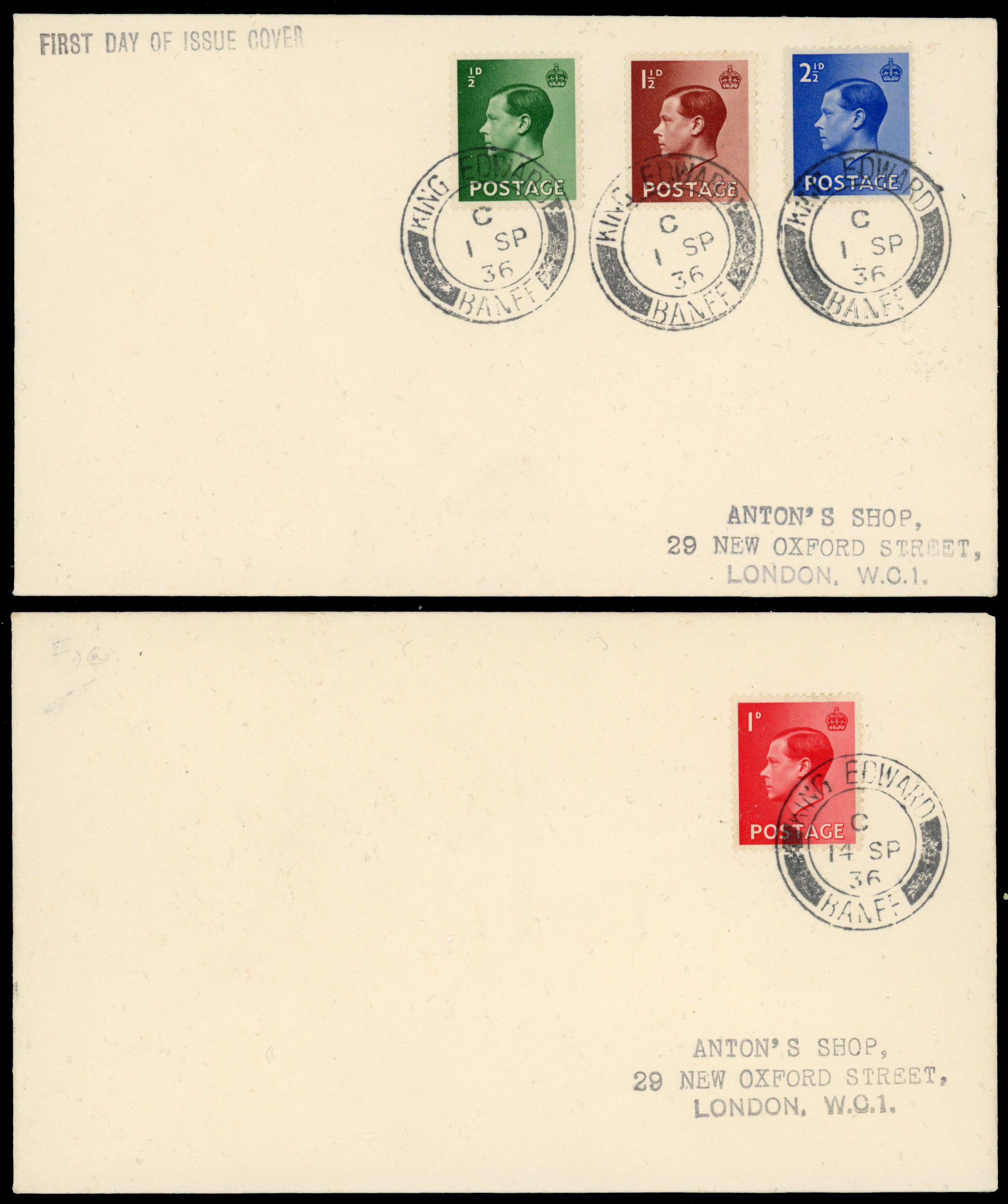 1936 ½-2½d King Edward VIII definitives. Two FDC's cancelled by King Edward Banff cds'