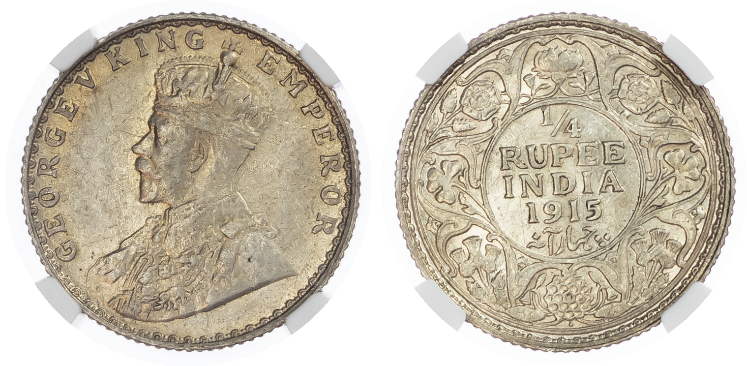 India, British Colonial. George V AR 1/4 Rupee. Bombay mint, 1915.