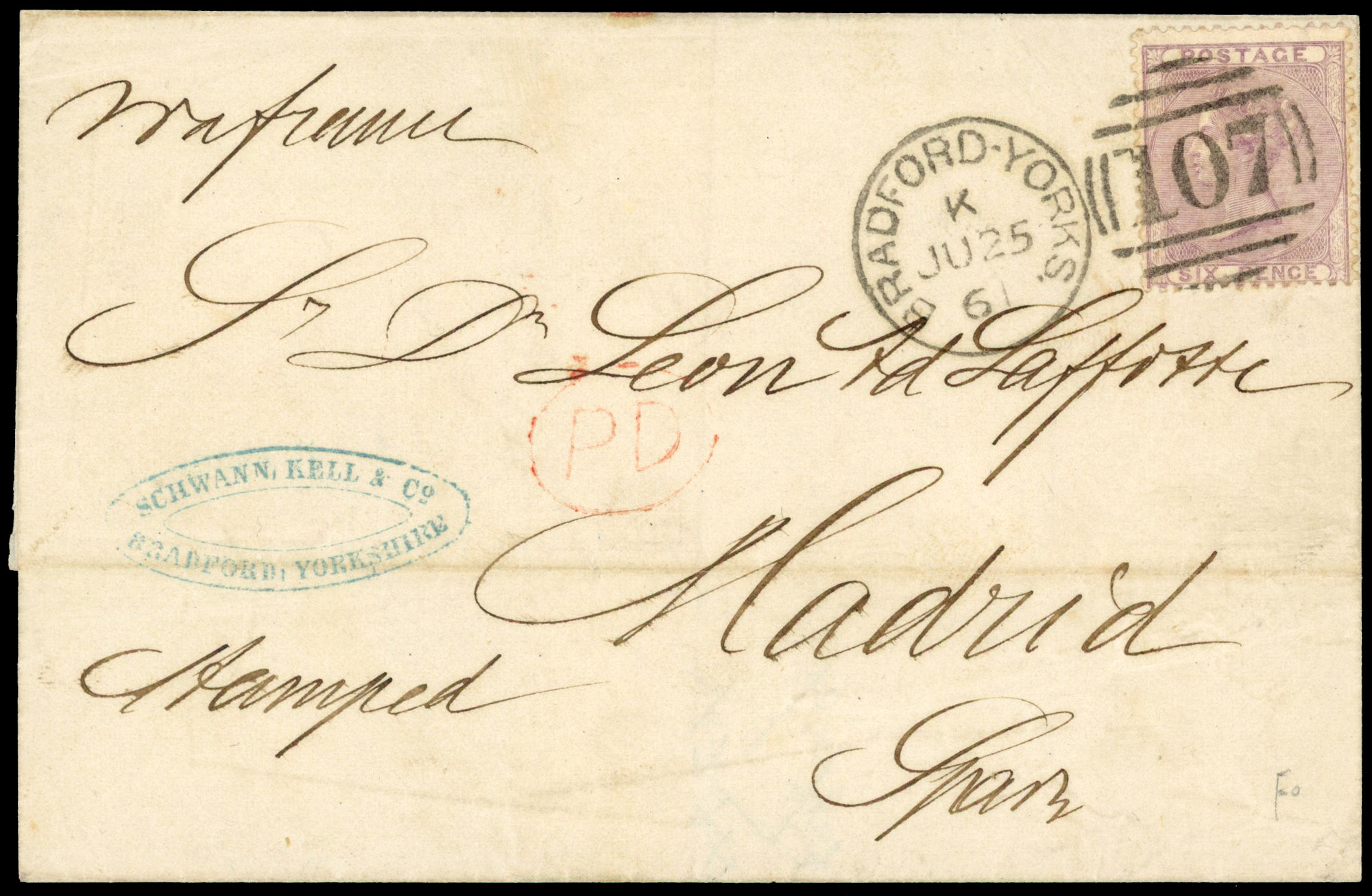 1857 6d lilac on entire to Madrid cancelled by neat ‘Bradford-Yorks/K? JU 25/61’ duplex