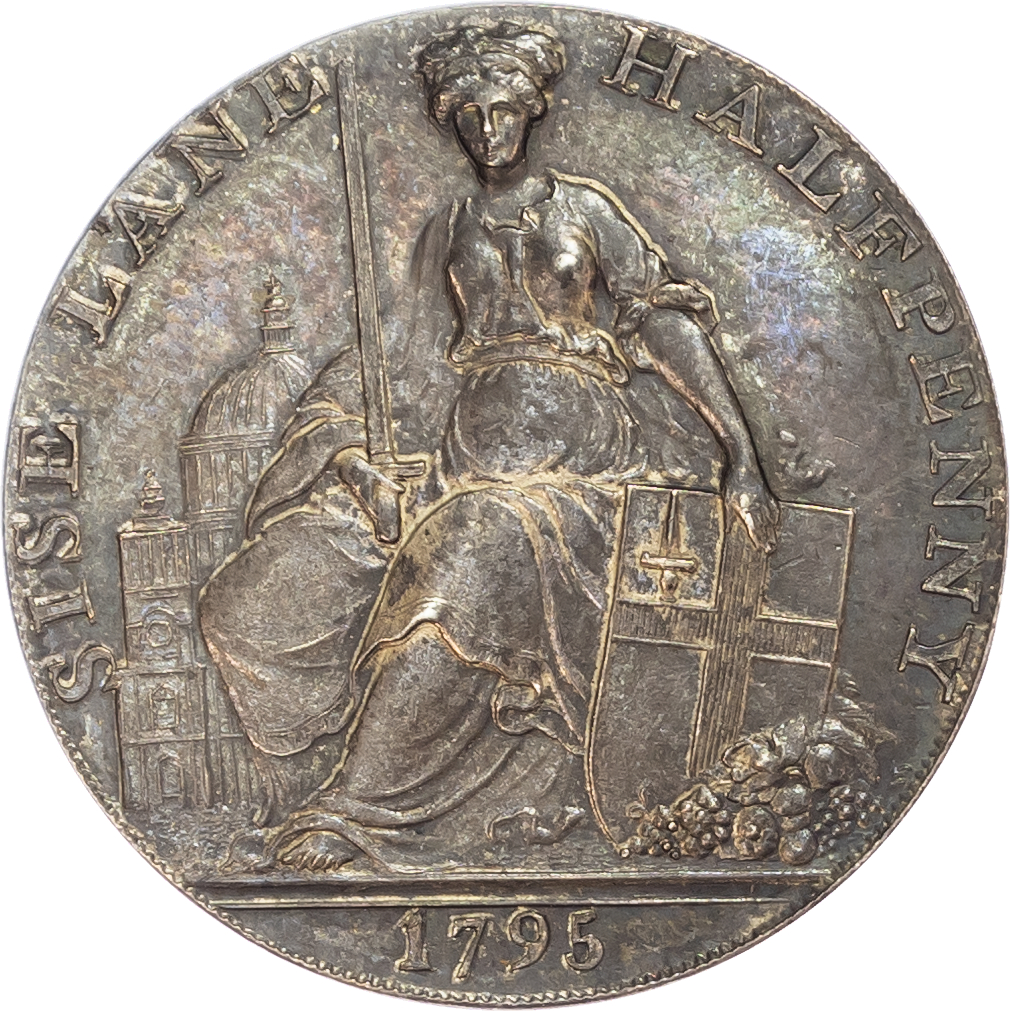 London – Bucklersbury, Thomas & Robert Davidson (pocket book makers and sellers) Silver proof
Halfpenny 1795