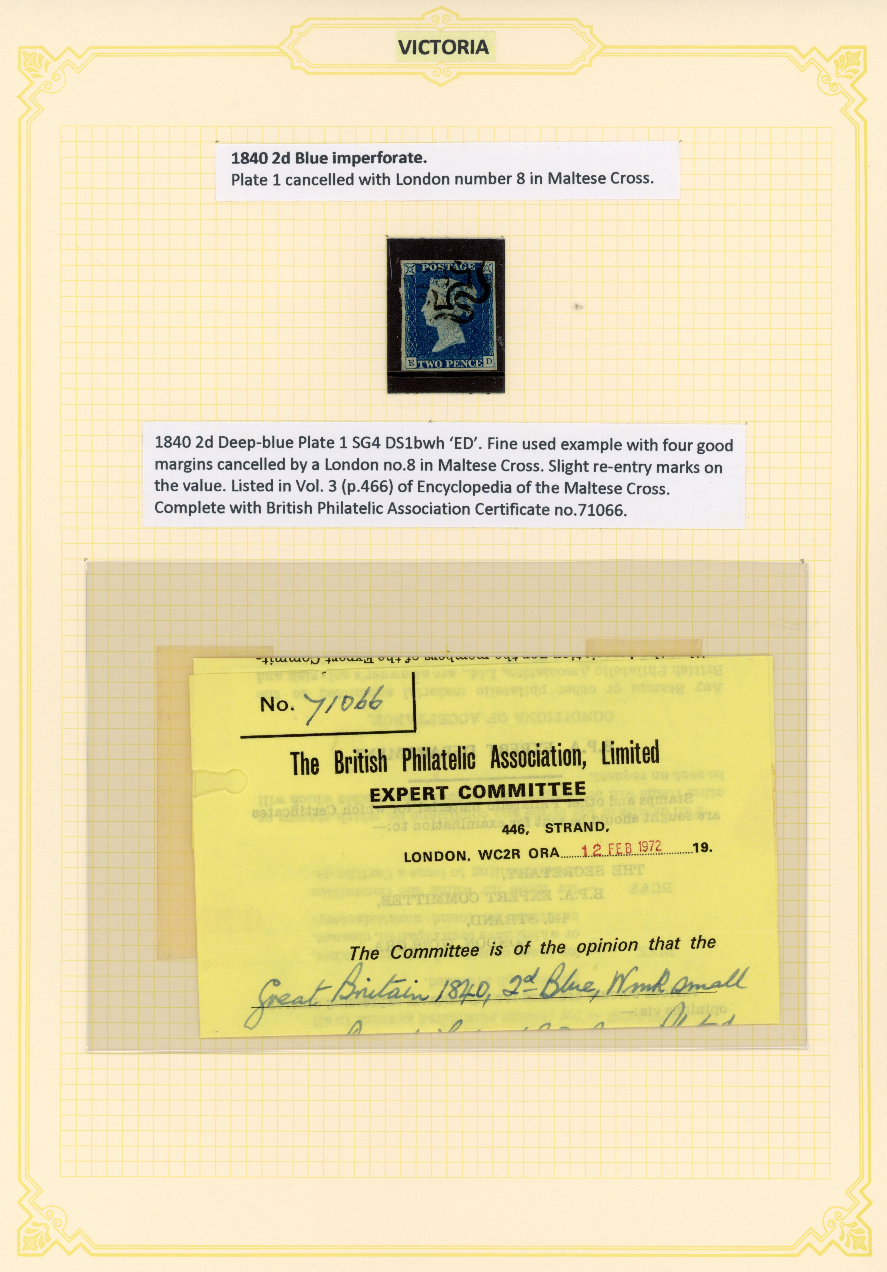 1840 2d blue, plate 1 (ED), with four even margins, cancelled with ‘8’ in Maltese Cross