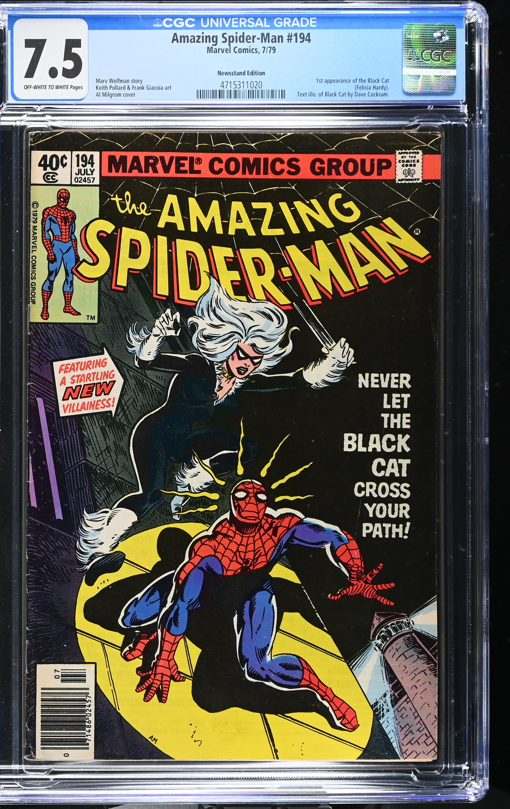Amazing Spider-Man #194 CGC 7.5 1st Appearance of Black Cat Newsstand Edition (Marvel Comics, 1979) Off-White to White Pages