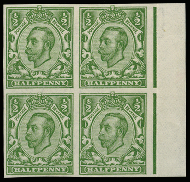 Great Britain 1912 1/2d Green (Wmk. Multiple Cypher). Very fine unused o.g.(two stamps unmounted o.g.) righ…