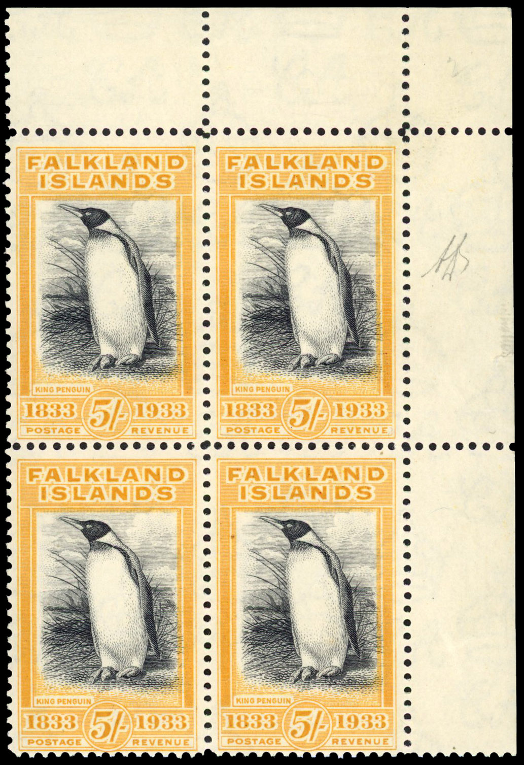 Falkland Islands 1933 Centenary 5s black and yellow-orange block of 4