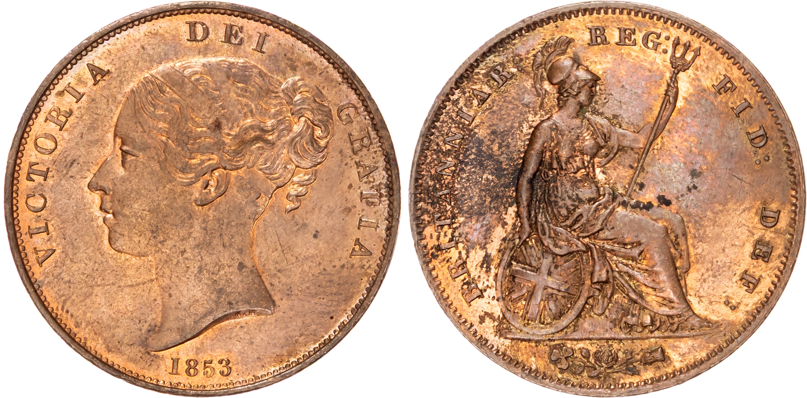 Victoria (1837-1901) Pennies (2), 1853 ornamental trident and 1854 plain trident.