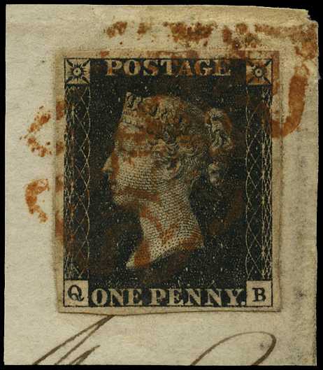 1840 1d black, plate 5 (QB) 4 margins, tied...