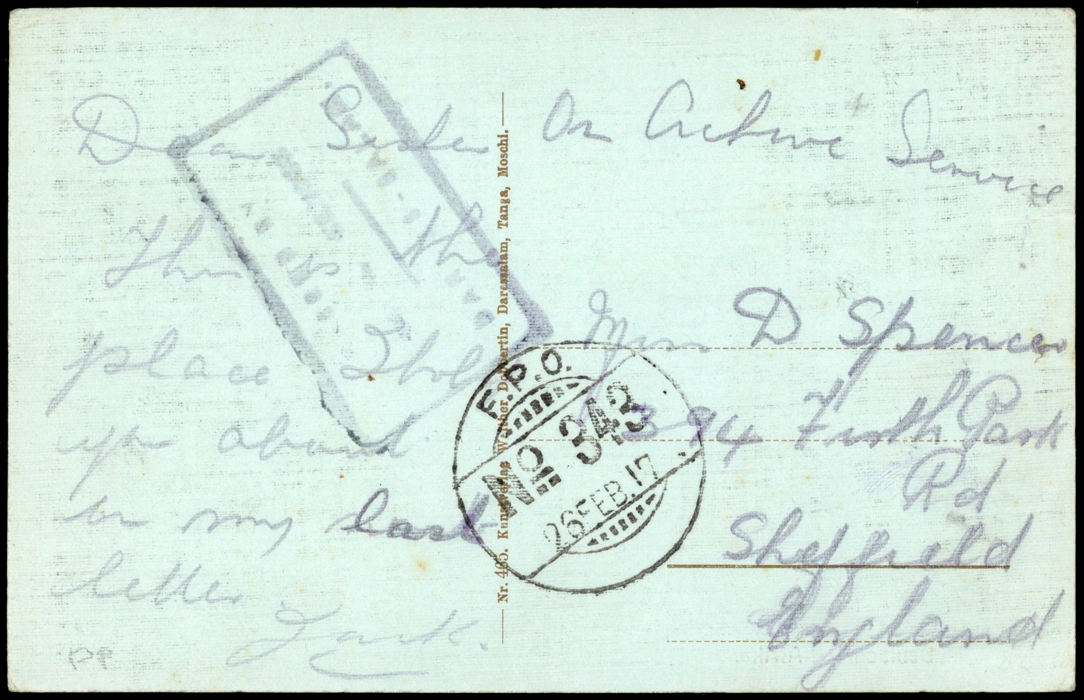 1917 ppc to Sheffield marked “On Active Service” with good strike of ‘F.P.O./No. 343'. ADDED TO R2000893/50 
