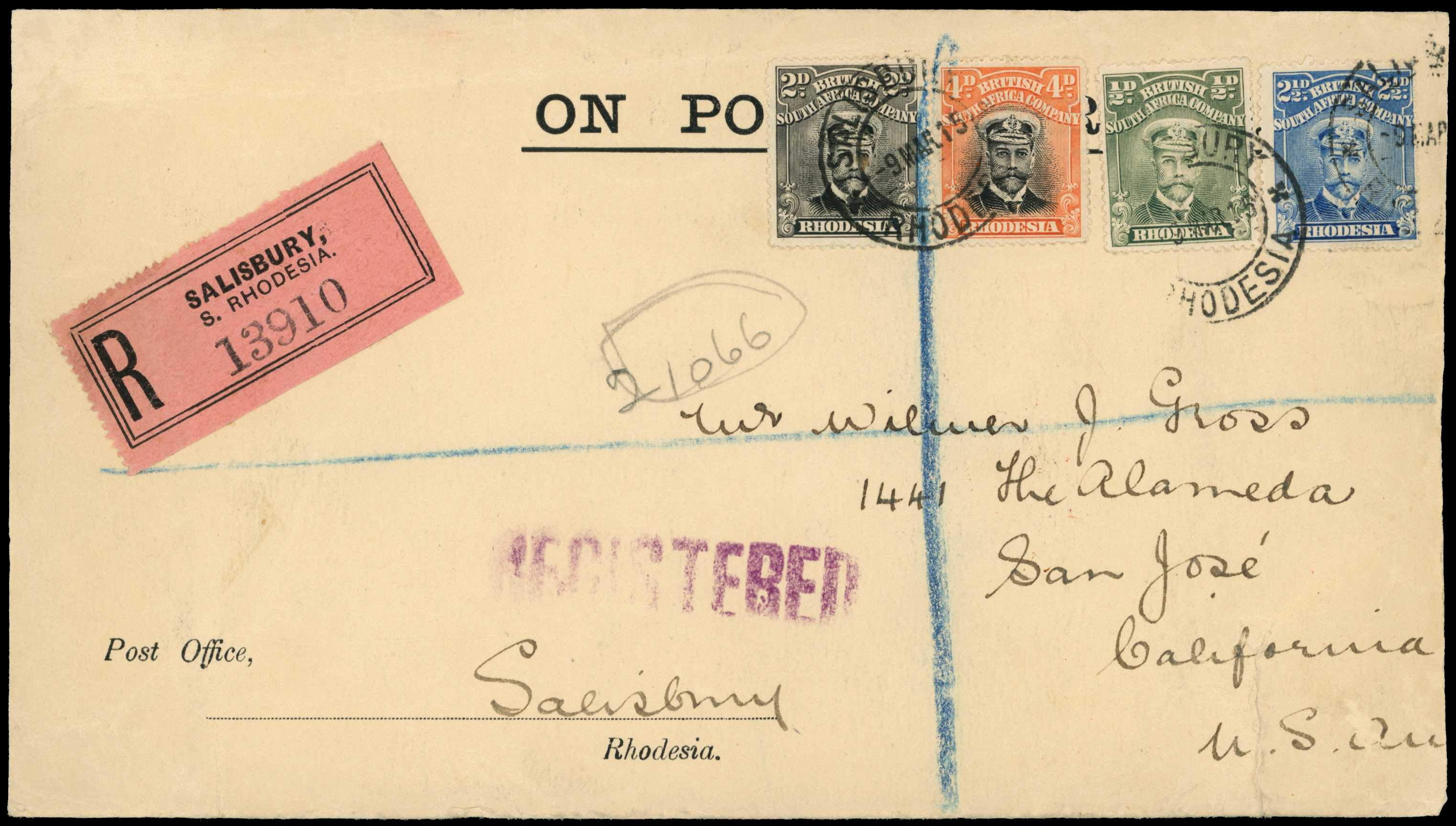 1915 registered cover (190 x 107mm)...