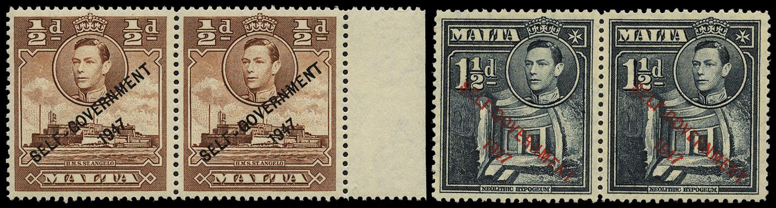 1948 Self-Government 1½d slate-black pair,...