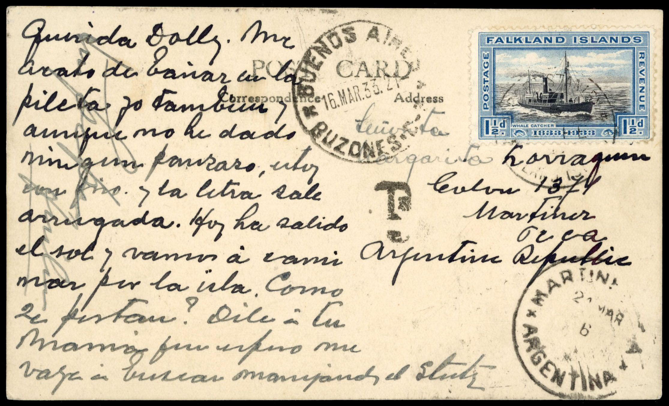 Falkland Islands 1933 taxed postcard to Argentina