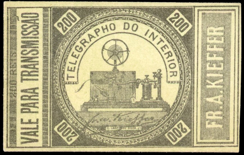 Brazil 1873 Telegraph 200r on greenish yellow, imperf unused
