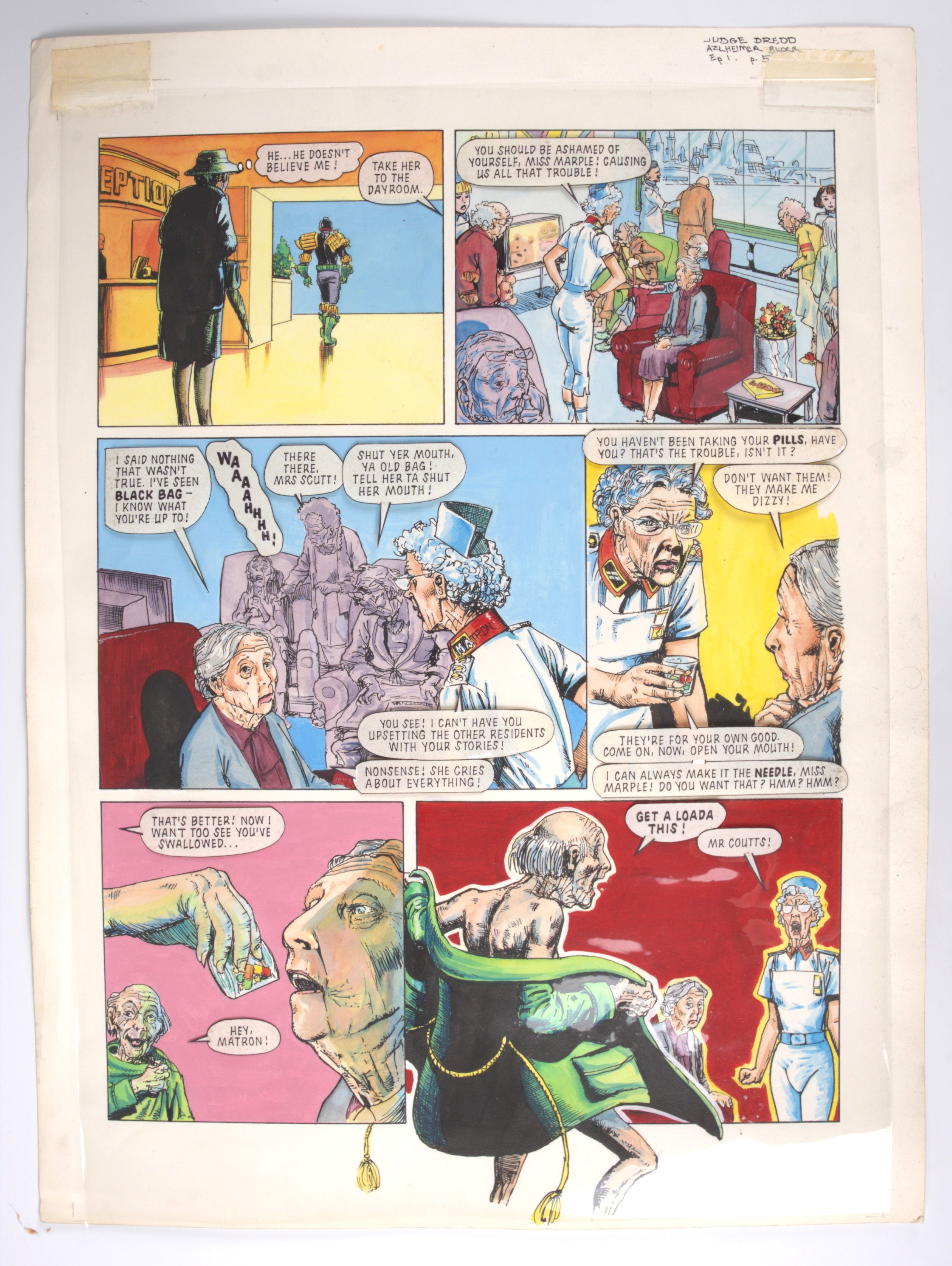 John Ridgway 2000 AD Judge Dredd #605 Alzheimer Block Page 5 Colour Story Page (Fleetway, 1988)