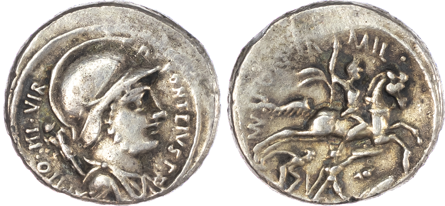 P. Fonteius P. f. Capito (55 BC) AR Denarius, mint of Rome, 2.65g. P•FONTEIVS•CAPITO•III •VIR, helmeted and draped bust of
