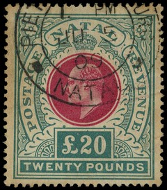 1902 £20 red and green, with large part Pietermaritzburg CDS of JU 5 09.  Believed to have been prepared for presentation...