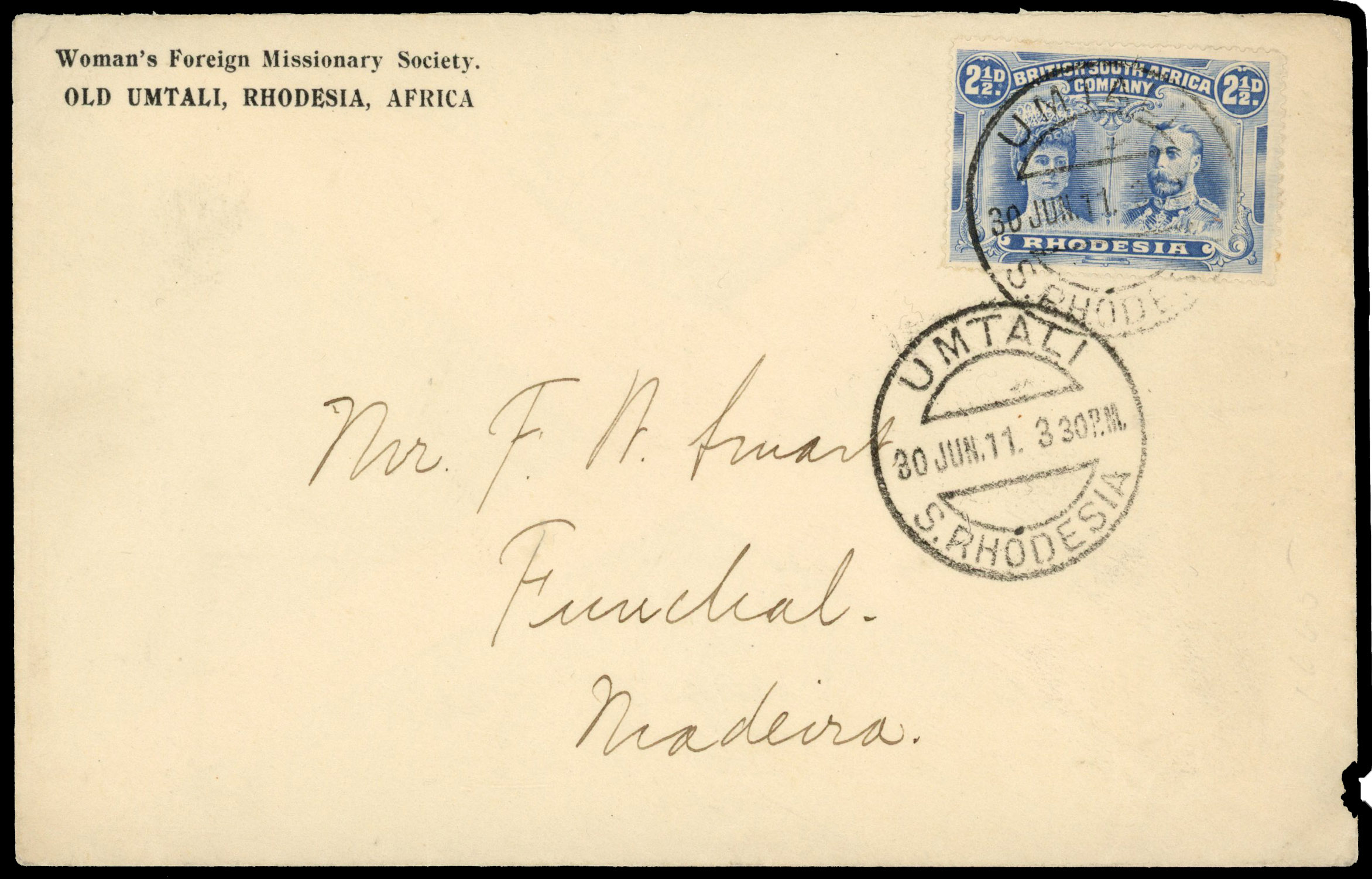 Rhodesia 1911 cover from Umtali to Madeira
