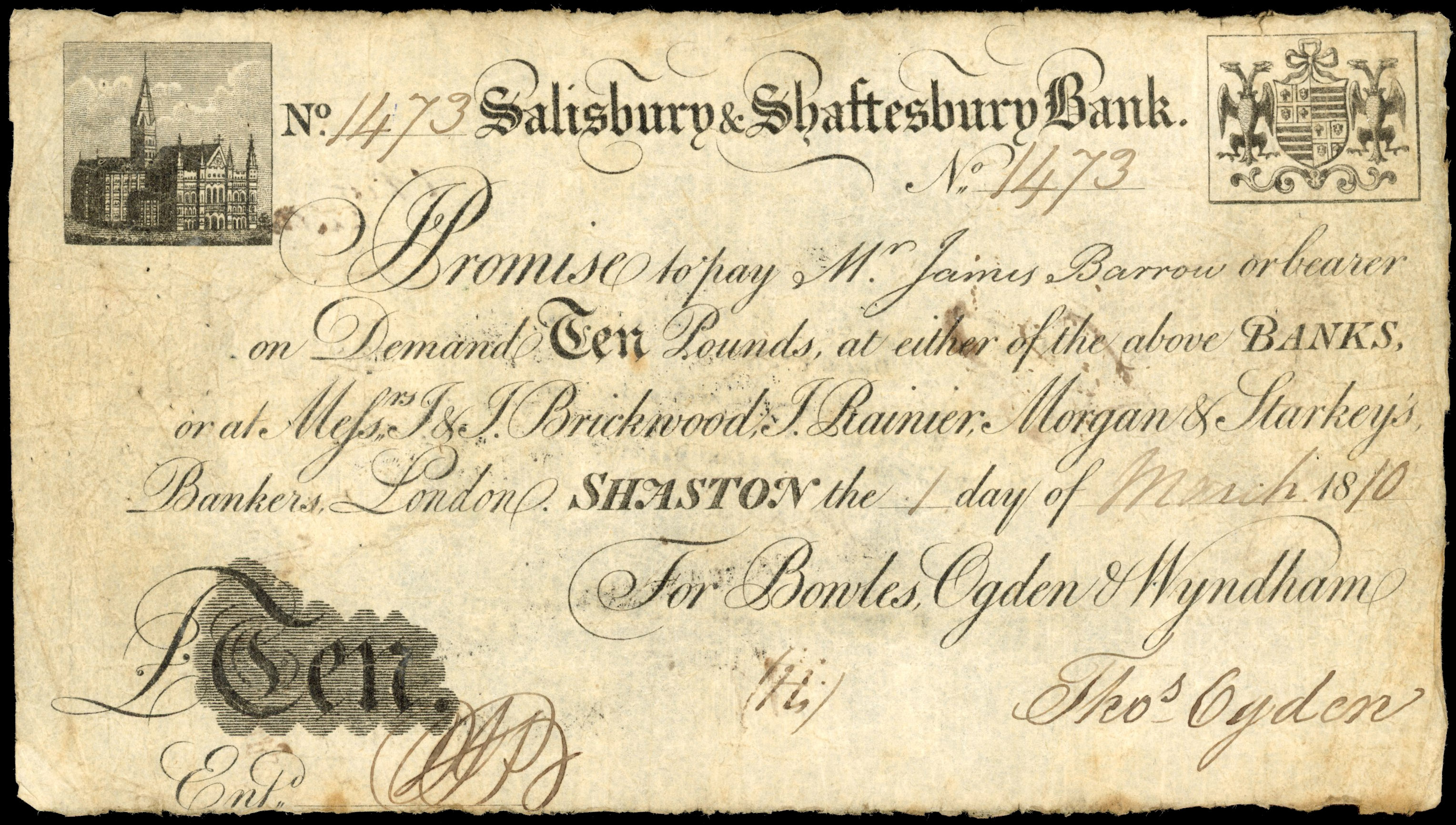 SHAFTESBURY, Salisbury & Shaftesbury Bank, for Bowles, Ogden & Wyndham, £10.,1 March 1810, serial number 1473,…