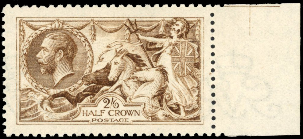 GB: 1915-18 De La Rue 2s6d pale brown (worn plate), mint large part og from the right marginal showing ‘ REVERSED WATERMARK’