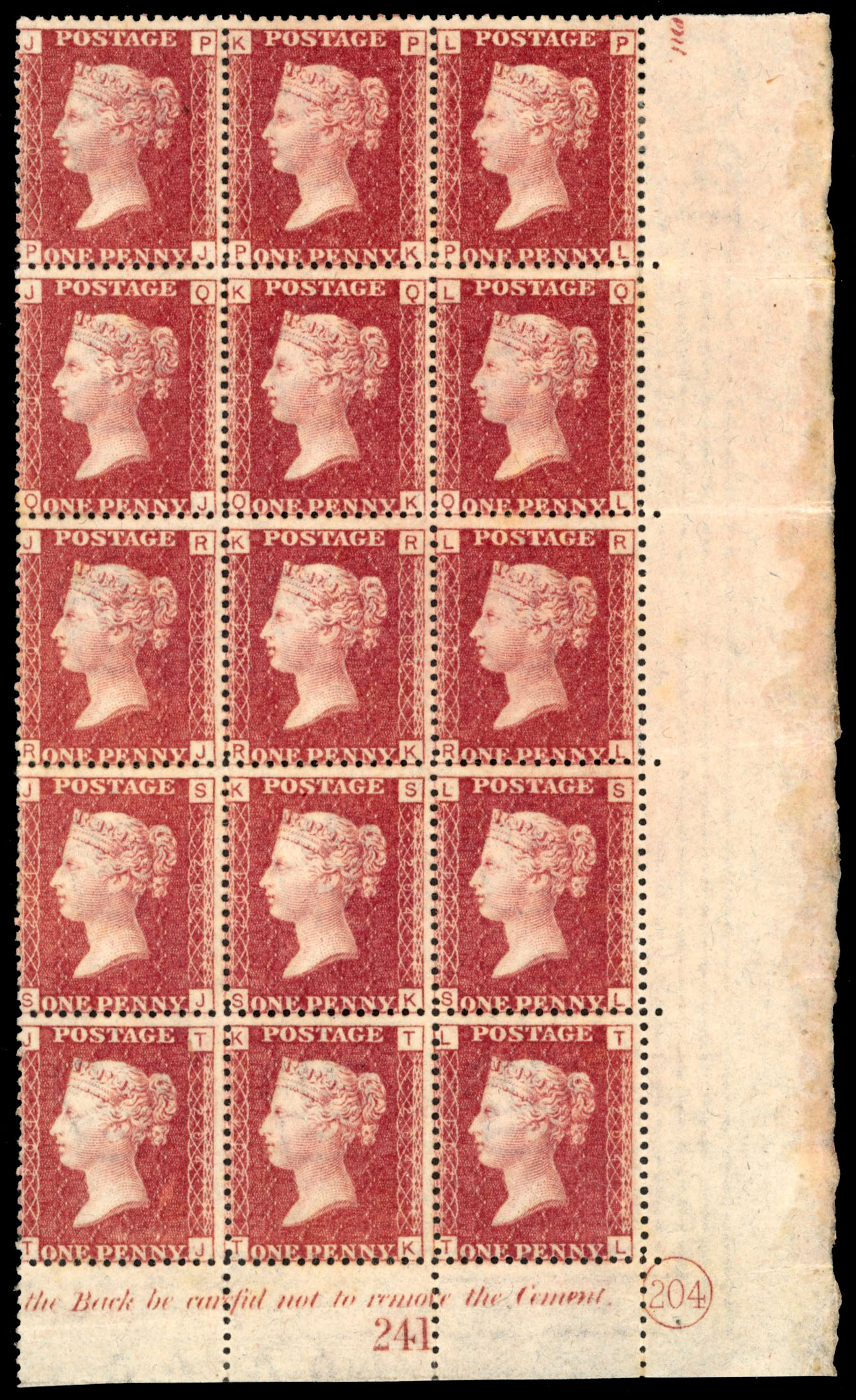 GB 1864 1d red Plate 204 plate block of 15 mint