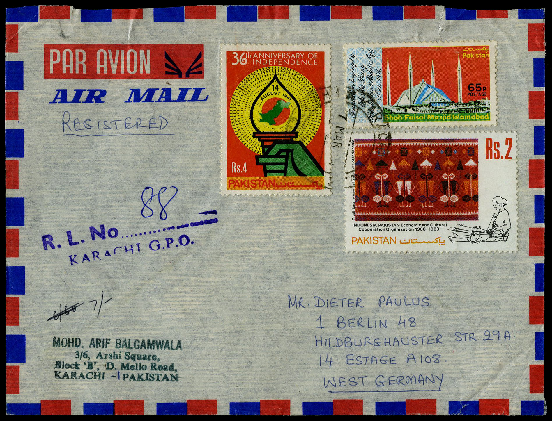 Air Mail registered cover from Karachi to...