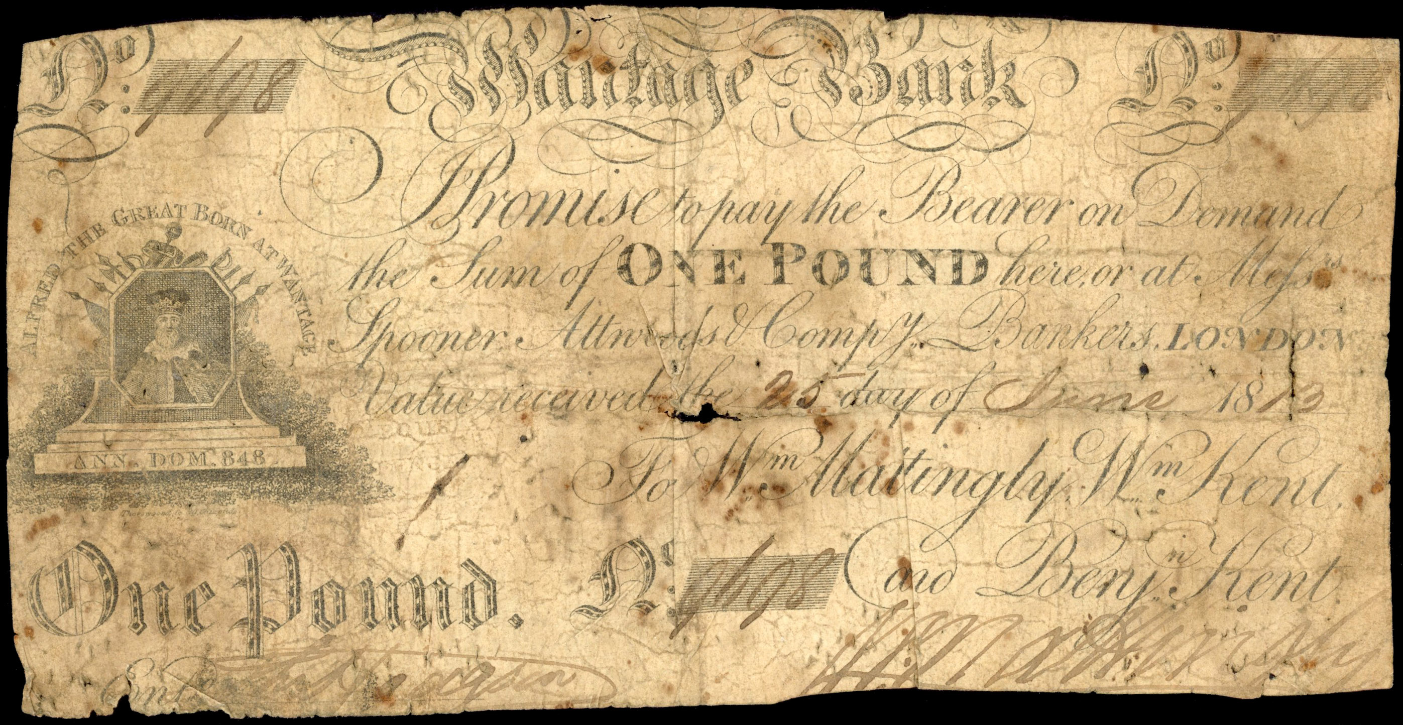 WANTAGE, Wantage Bank for William Mattingly, William Kent and Benjamin Kent £1.,25 June 1813, no. 9698, signed…
