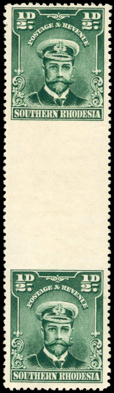 Southern Rhodesia SG 1 1924 ½d vertical interpanneau pair, dual imperf mint