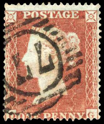 1854 1d Red brown Pl.170. (Wmk. Small crown, Perf. 16). Used rare plate