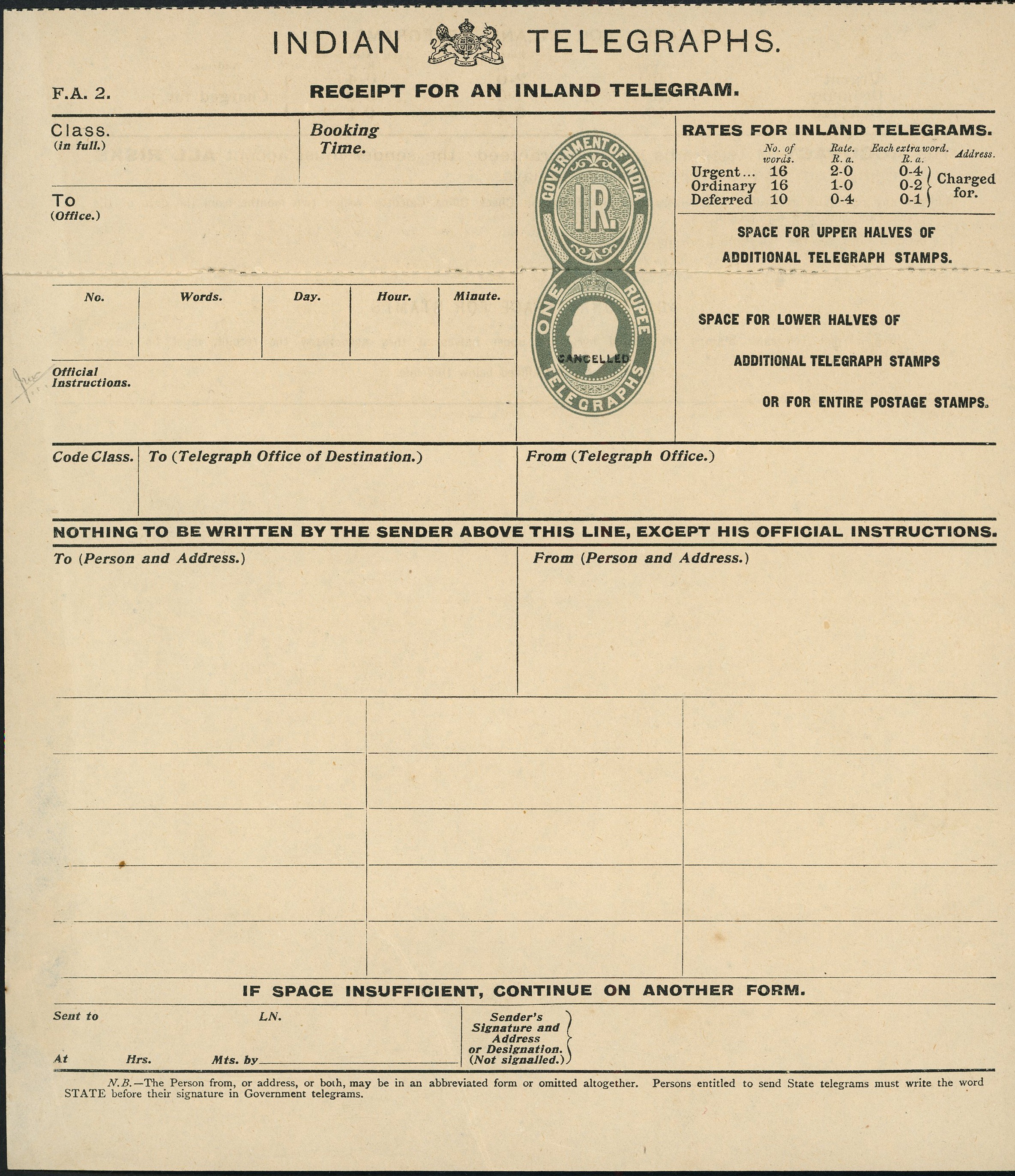 India 1908 KEVII 1r grey telegraph form overprinted CANCELLED