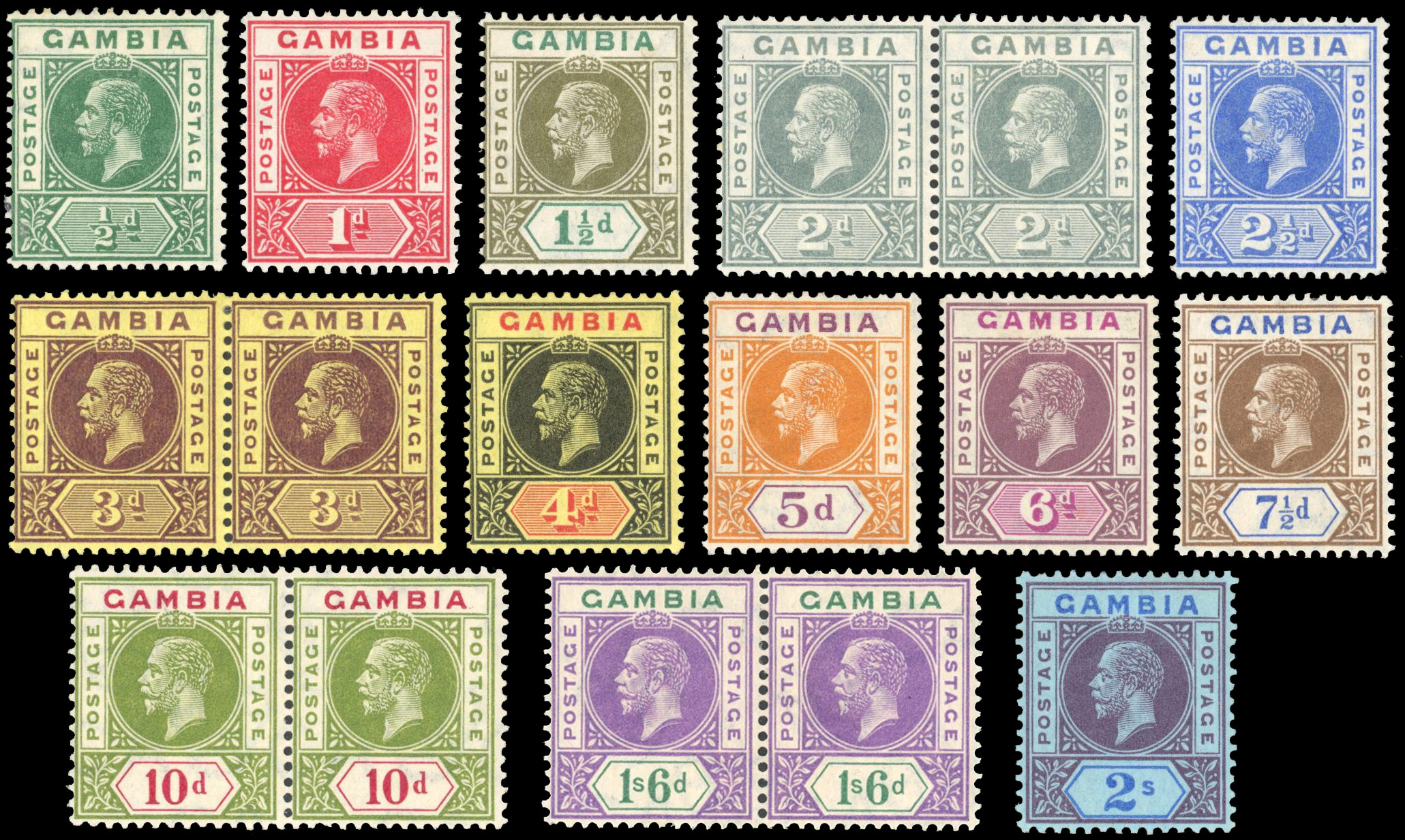 Gambia SG 86c/99a btwn 1912-22 ½d to 2s mint group with Split A variety