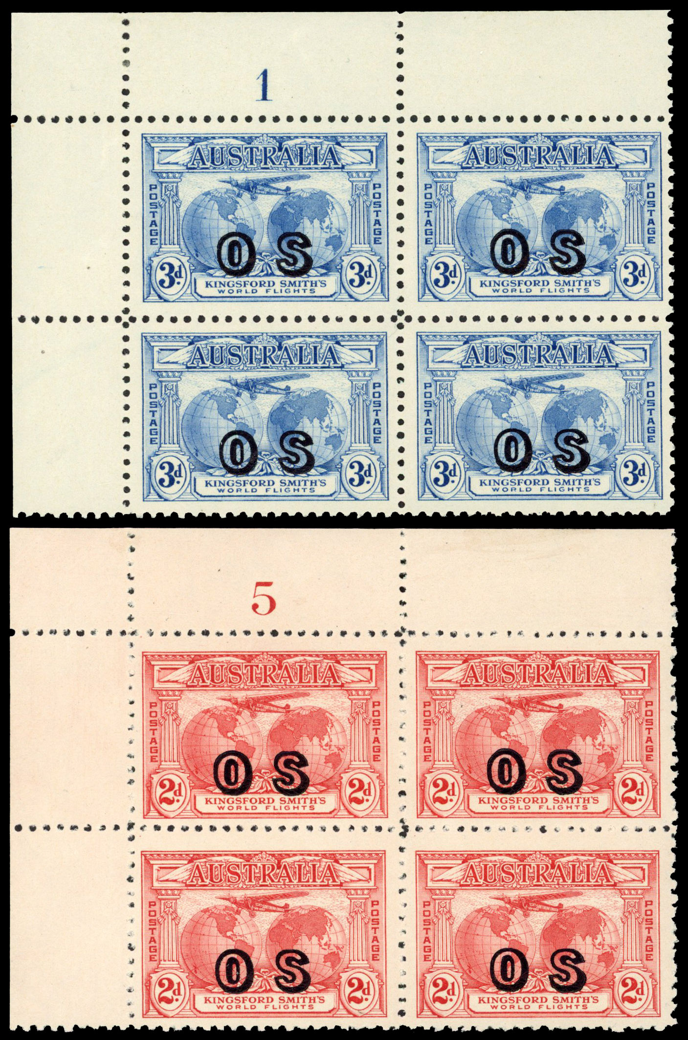 Australia SG O123/24 1931 Official Kingsford Smith 2d, 3d plate blocks unmounted