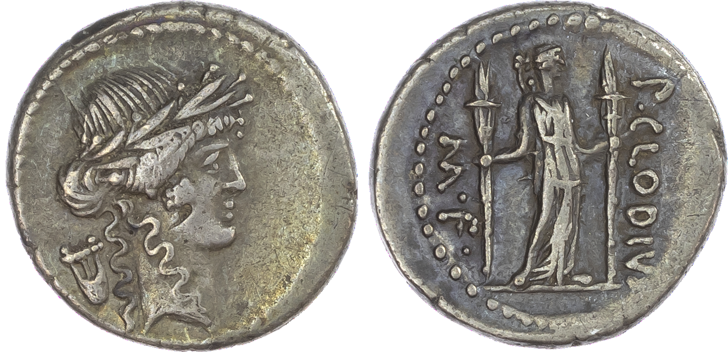 P. Clodius M. f. Turrinus (42 BC) AR Denarius, Rome, 3.97g. Laureate head of Apollo facing right, lyre behind. Rev.