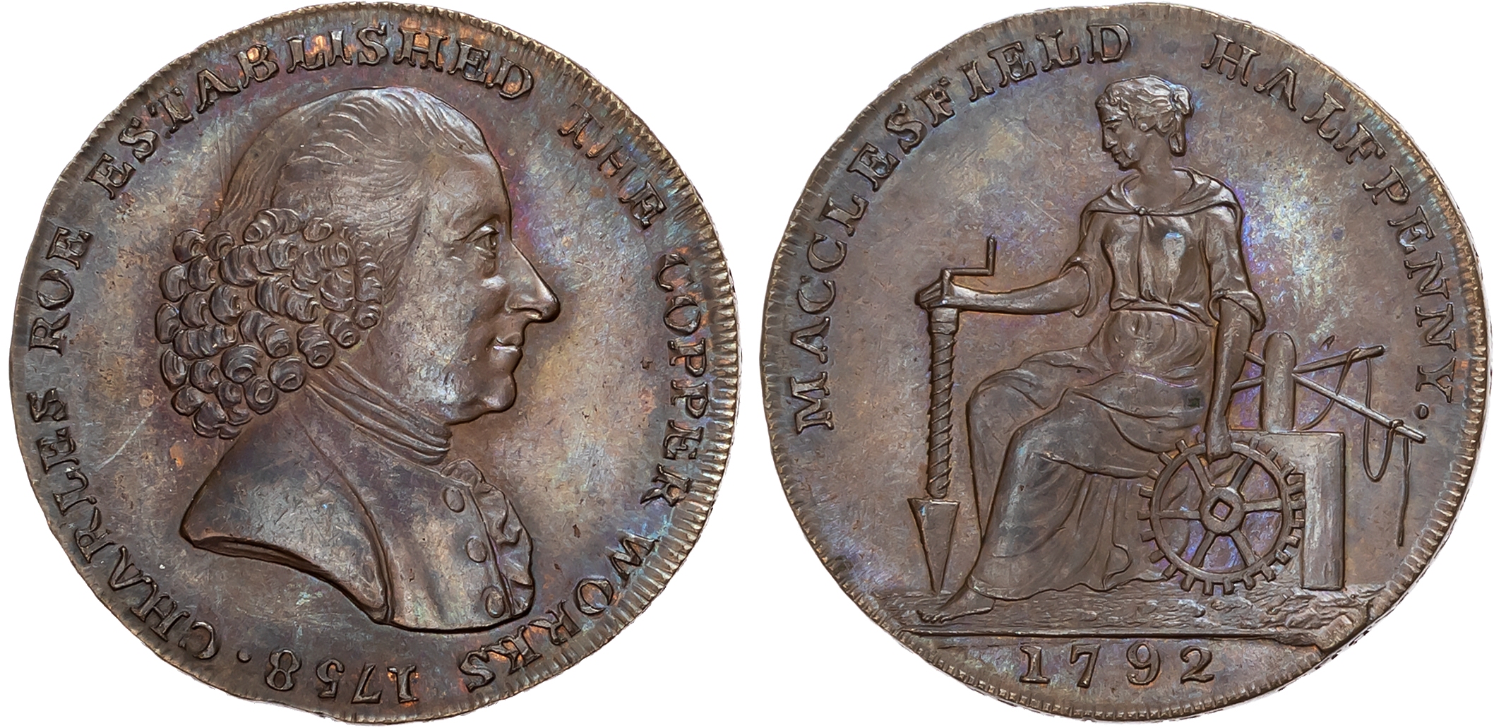 Ches. Macclesfield , Roe & Co. Halfpenny 1792. Draped bust of Charles Roe right, rev. industry seated left holding auge …
