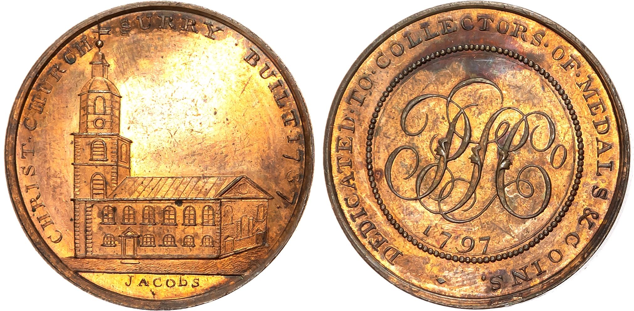 London , Holborn , Paul Skidmore’s ‘London Churches and Gates Series’ Halfpenny 1797, Christ’s Church, Southwark. rev. P …