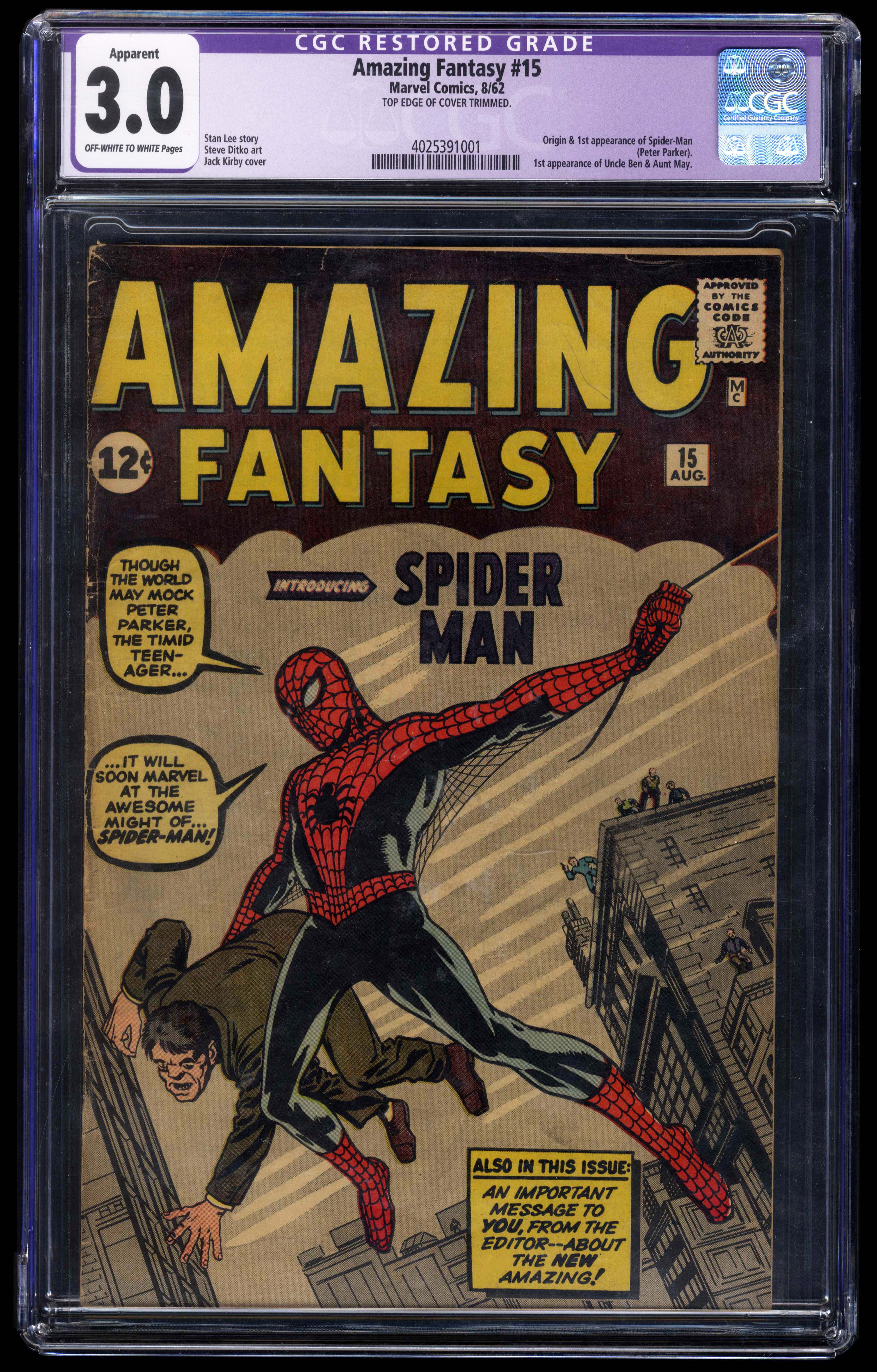 Amazing Fantasy #15 (Marvel Comics, 1962) Restored CGC 3.0 - Origin and 1st appearance of Spider-Man