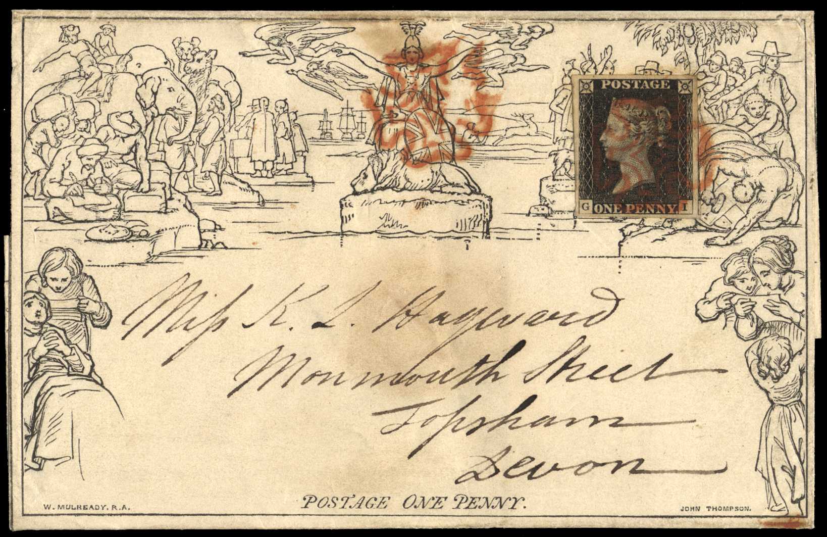 1840 1d Mulready lettersheet. Very fine used example neatly cancelled by a red MC with an additional large four margin...
